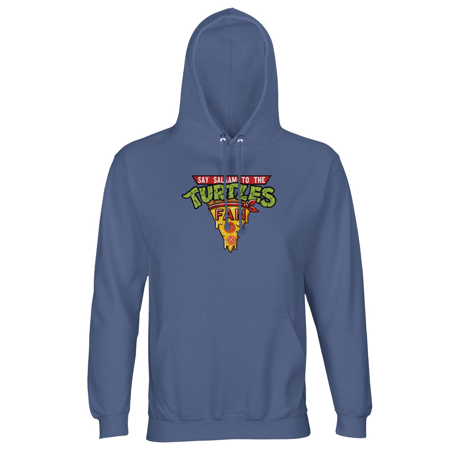 Say Salaam to the Turtles Fan Pizza Design #1 Part-Recycled Cotton-Poly Hoodie – Blue / Waikawa Grey featuring vibrant colours and the “best pizza” slice crest front and centre. This is classic TMNT apparel for those who know the Teenage Mutant Ninja Turtles’ names and love bold, modest fashion. A hooded top with sustainable fabric, designed for fans who want Ninja Turtle clothes that stand out. Not the Primark TMNT Pizza Hut hoodie – a graphic Eid gift for boys, men, or unisex Turtlenecks all the way down.