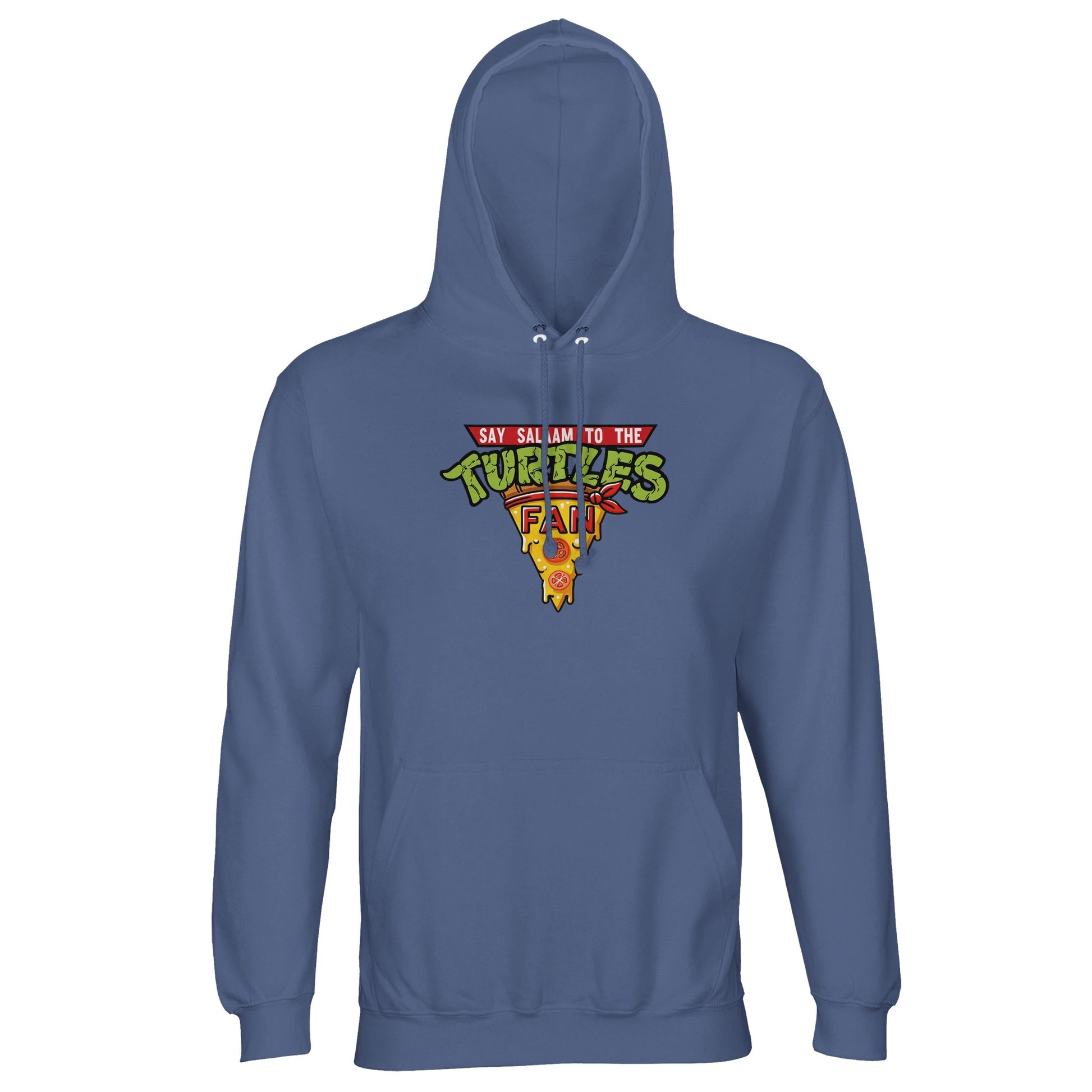 Say Salaam to the Turtles Fan Pizza Design #1 Part-Recycled Cotton-Poly Hoodie – Blue / Waikawa Grey featuring vibrant colours and the “best pizza” slice crest front and centre. This is classic TMNT apparel for those who know the Teenage Mutant Ninja Turtles’ names and love bold, modest fashion. A hooded top with sustainable fabric, designed for fans who want Ninja Turtle clothes that stand out. Not the Primark TMNT Pizza Hut hoodie – a graphic Eid gift for boys, men, or unisex Turtlenecks all the way down.