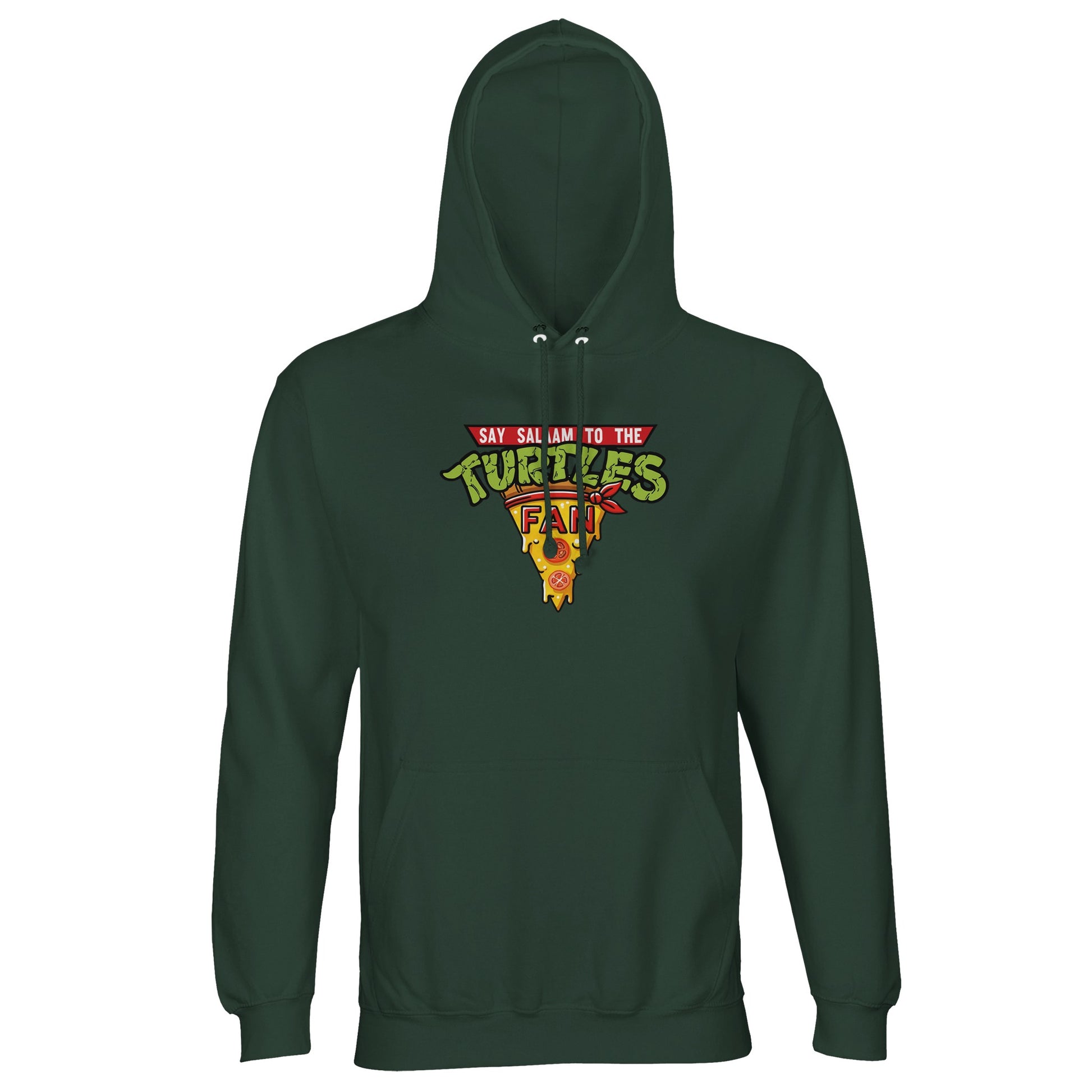 Say Salaam to the Turtles Fan Pizza Design #1 Part-Recycled Cotton-Poly Hoodie – Bottle Green / Outer Space featuring the classic “best pizza” slice crest in bold Cowabunga apparel colours. A graphic hooded jumper for 90s kids who know the names of the Teenage Mutant Ninja Turtles and love modest, nostalgic fashion. Made with brushed fleece and sustainable cotton-poly blend. Not the Primark TMNT Pizza Hut hoodie – it’s essential Ninja Turtle clothing for obsessive fans of comics, cartoons and costumes.