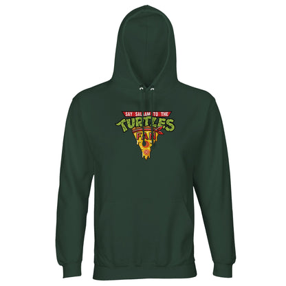 Say Salaam to the Turtles Fan Pizza Design #1 Part-Recycled Cotton-Poly Hoodie – Bottle Green / Outer Space featuring the classic “best pizza” slice crest in bold Cowabunga apparel colours. A graphic hooded jumper for 90s kids who know the names of the Teenage Mutant Ninja Turtles and love modest, nostalgic fashion. Made with brushed fleece and sustainable cotton-poly blend. Not the Primark TMNT Pizza Hut hoodie – it’s essential Ninja Turtle clothing for obsessive fans of comics, cartoons and costumes.