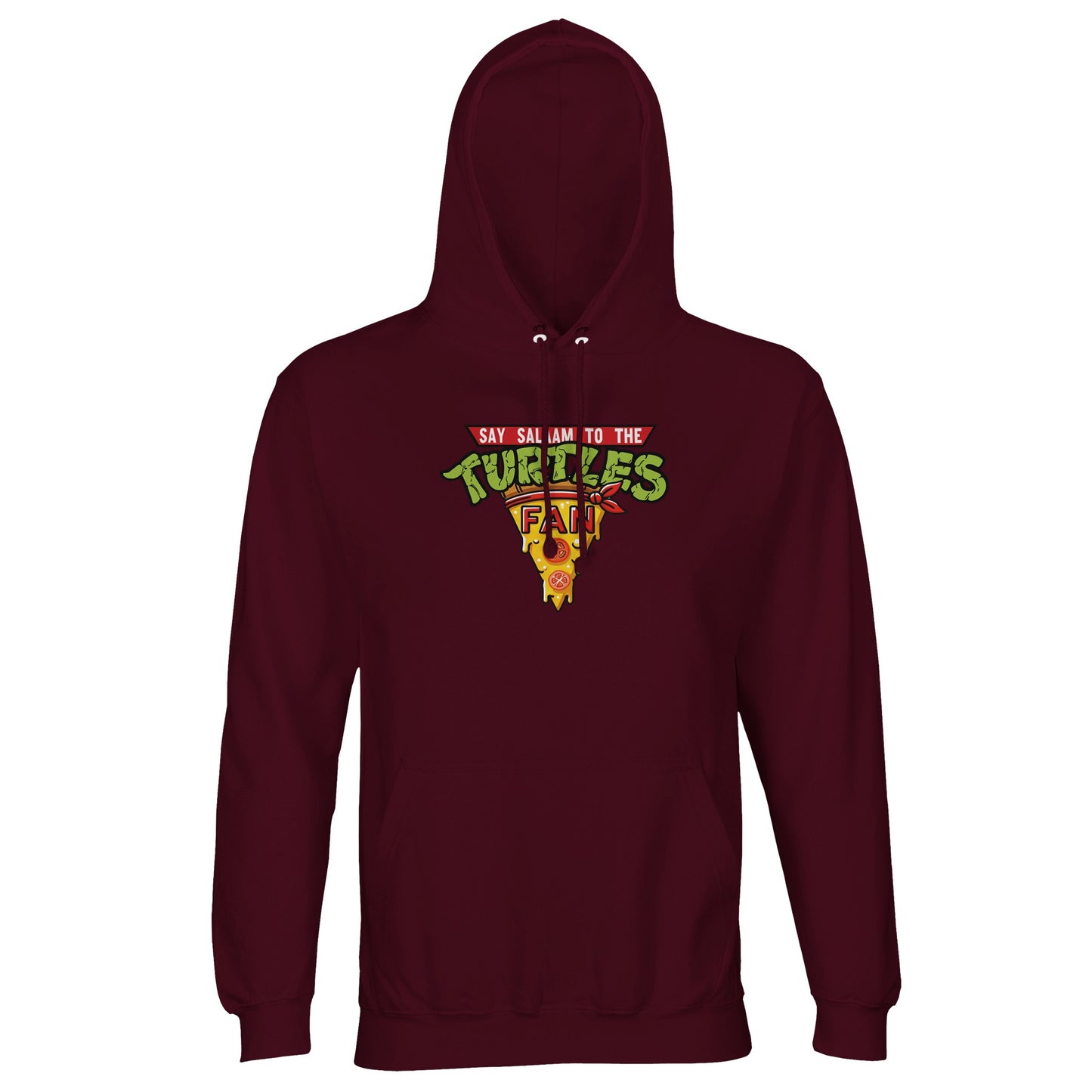 Say Salaam to the Turtles Fan Pizza Design #1 Part-Recycled Cotton-Poly Hoodie – Burgundy / Dark Sienna featuring the iconic “best pizza” slice crest in vivid Cowabunga 90s colours. For fans who know the IDW Teenage Mutant Ninja Turtles’ names and love retro New York sewers apparel with character. Made from sustainable brushed fleece, it’s modest, costume-inspired fashion, but Last Ronin dark. Not the Primark TMNT Pizza Hut hoodie – this is graphic cool streetwear for comics, cartoons and casualwear lovers.