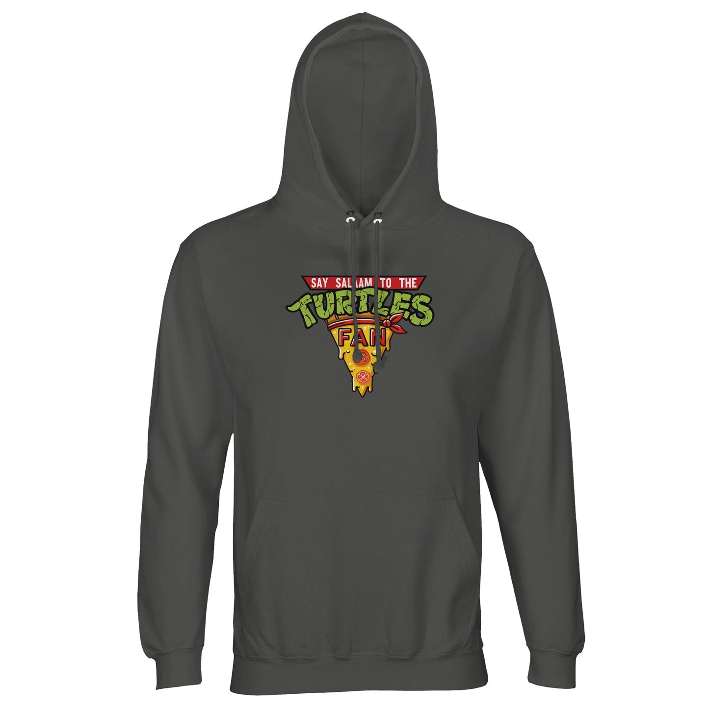 Say Salaam to the Turtles Fan Pizza Design #1 Part-Recycled Cotton-Poly Hoodie – Charcoal Melange / Black Cow with the iconic “best pizza” slice crest in bold colour. Designed for Teenage Mutant Ninja Turtles fans who know the names and love casual TMNT clothing. This is modest, Nickelodeon fashion in a dark neutral tone, perfect for men’s Eid gifts or unisex streetwear. Not the Primark TMNT Pizza Hut hooded jumper – a sustainable, costume-inspired pullover made for stylish Turtlenecks all the way down.