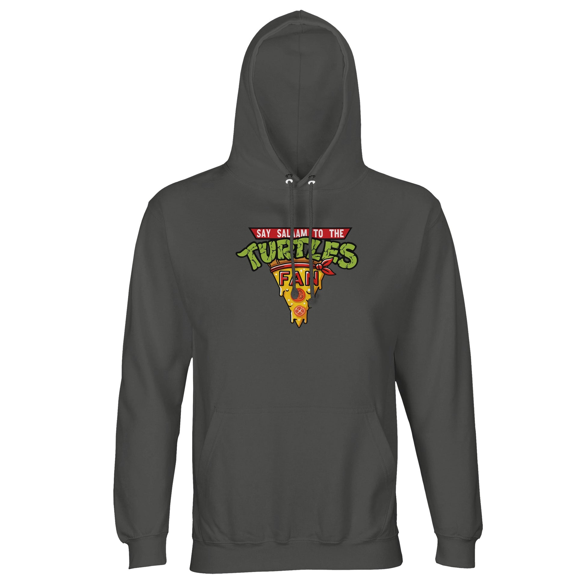 Say Salaam to the Turtles Fan Pizza Design #1 Part-Recycled Cotton-Poly Hoodie – Charcoal Melange / Black Cow with the iconic “best pizza” slice crest in bold colour. Designed for Teenage Mutant Ninja Turtles fans who know the names and love casual TMNT clothing. This is modest, Nickelodeon fashion in a dark neutral tone, perfect for men’s Eid gifts or unisex streetwear. Not the Primark TMNT Pizza Hut hooded jumper – a sustainable, costume-inspired pullover made for stylish Turtlenecks all the way down.