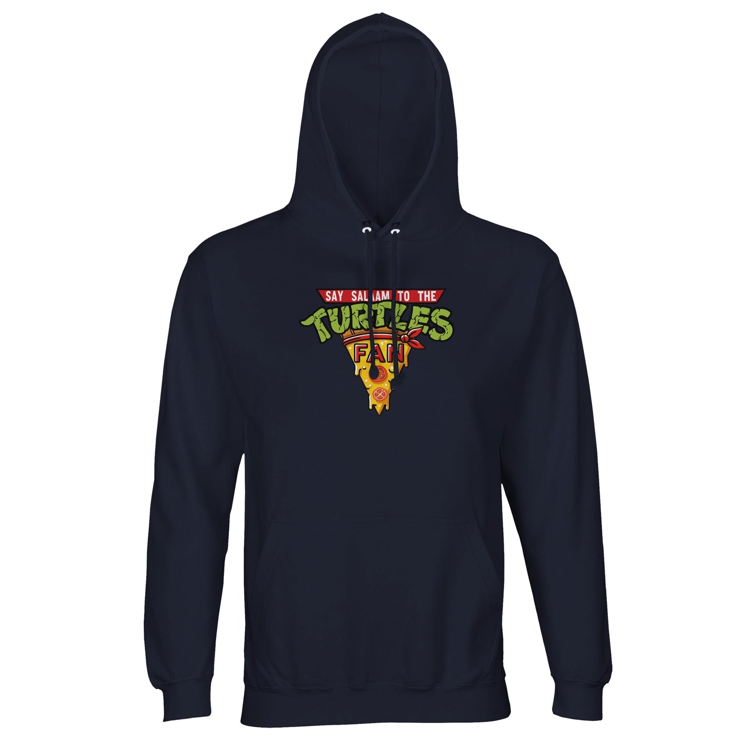 Say Salaam to the Turtles Fan Pizza Design #1 Part-Recycled Cotton-Poly Hoodie – French Navy / Ebony Clay featuring the famous “best pizza” slice crest in bold retro colours. Brushed fleece in a dark blue shade, perfect for modest TMNT apparel fans who know the Teenage Mutant Ninja Turtles’ names, love comics, and follow Nickelodeon classics. Not the Primark TMNT Pizza Hut hoodie – this is sustainable, graphic Ninja Turtle clothing for streetwear lovers into cartoon fashion and costume-inspired casualwear.