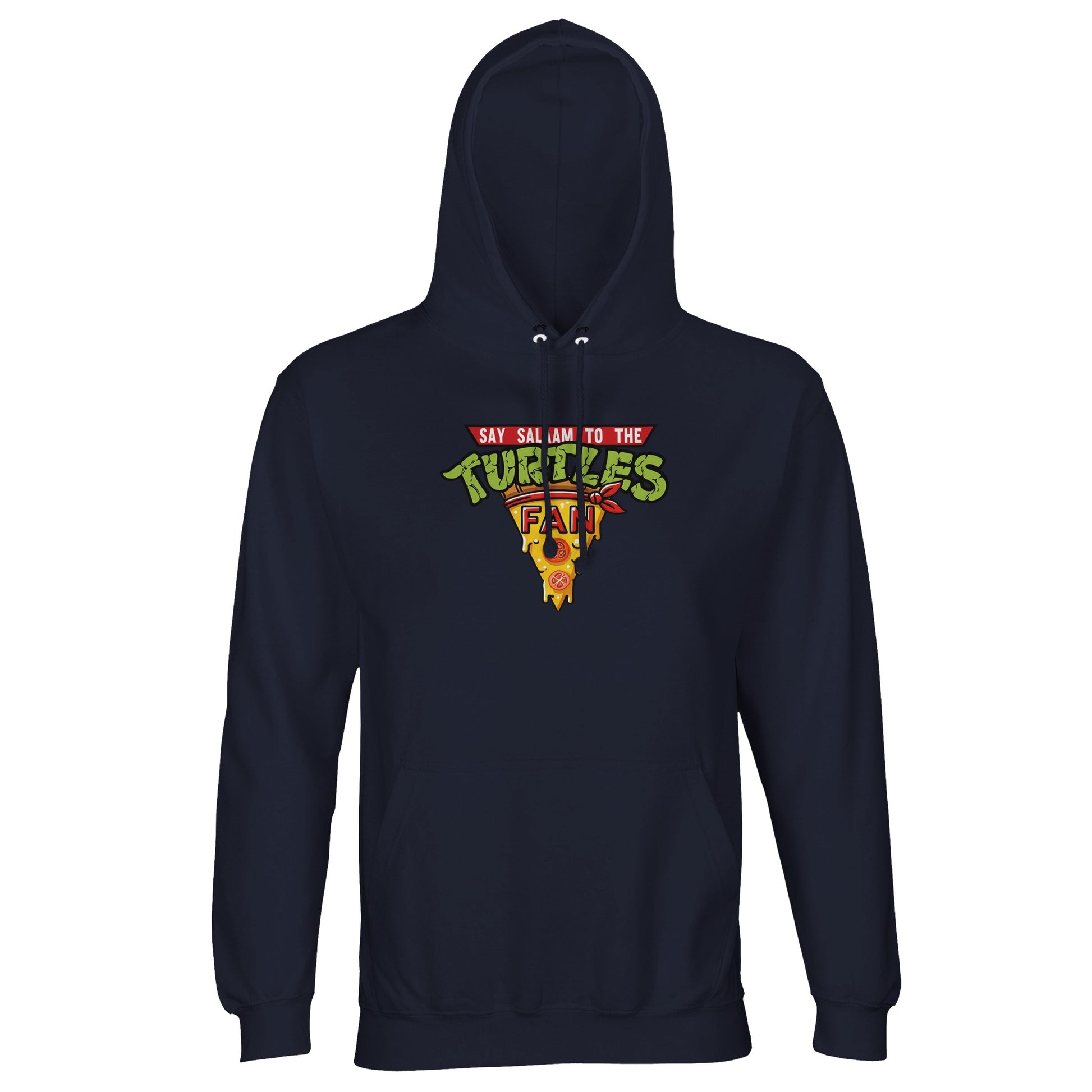 Say Salaam to the Turtles Fan Pizza Design #1 Part-Recycled Cotton-Poly Hoodie – French Navy / Ebony Clay featuring the famous “best pizza” slice crest in bold retro colours. Brushed fleece in a dark blue shade, perfect for modest TMNT apparel fans who know the Teenage Mutant Ninja Turtles’ names, love comics, and follow Nickelodeon classics. Not the Primark TMNT Pizza Hut hoodie – this is sustainable, graphic Ninja Turtle clothing for streetwear lovers into cartoon fashion and costume-inspired casualwear.