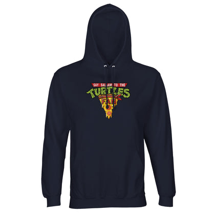 Say Salaam to the Turtles Fan Pizza Design #1 Part-Recycled Cotton-Poly Hoodie – French Navy / Ebony Clay featuring the famous “best pizza” slice crest in bold retro colours. Brushed fleece in a dark blue shade, perfect for modest TMNT apparel fans who know the Teenage Mutant Ninja Turtles’ names, love comics, and follow Nickelodeon classics. Not the Primark TMNT Pizza Hut hoodie – this is sustainable, graphic Ninja Turtle clothing for streetwear lovers into cartoon fashion and costume-inspired casualwear.