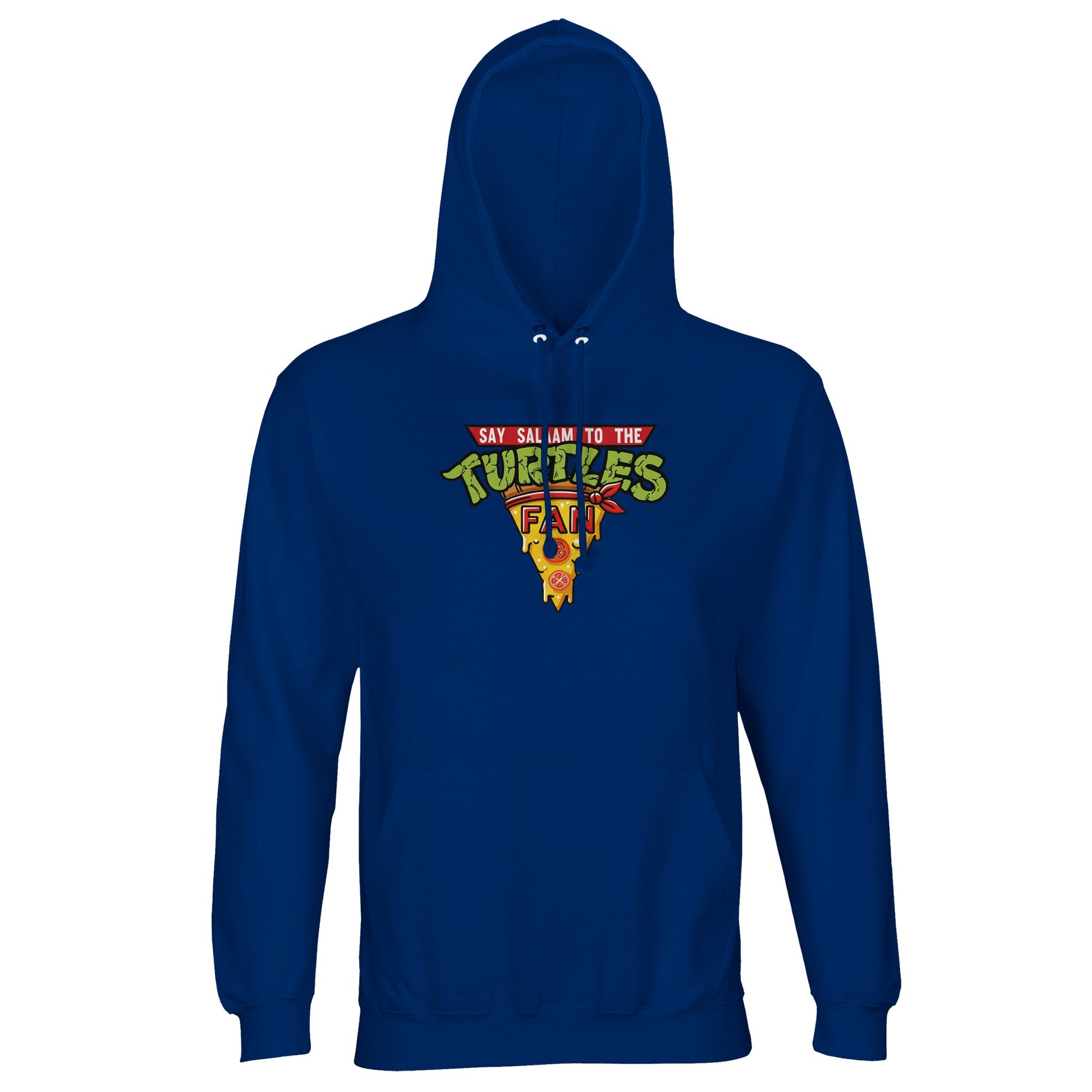 Say Salaam to the Turtles Fan Pizza Design #1 Part-Recycled Cotton-Poly Hoodie – Royal Blue / Dark Midnight Blue featuring bold colours and the iconic “best pizza” slice crest for true TMNT fans. A hooded top from GRS-certified sustainable fabric, designed for those who know the Nickelodeon Teenage Mutant Ninja Turtles’ names and love modest, fun fashion. Not the Primark TMNT Pizza Hut hoodie – this is graphic Ninja Turtle apparel for boys, men, or unisex cartoon, comics and streetwear lovers worldwide.
