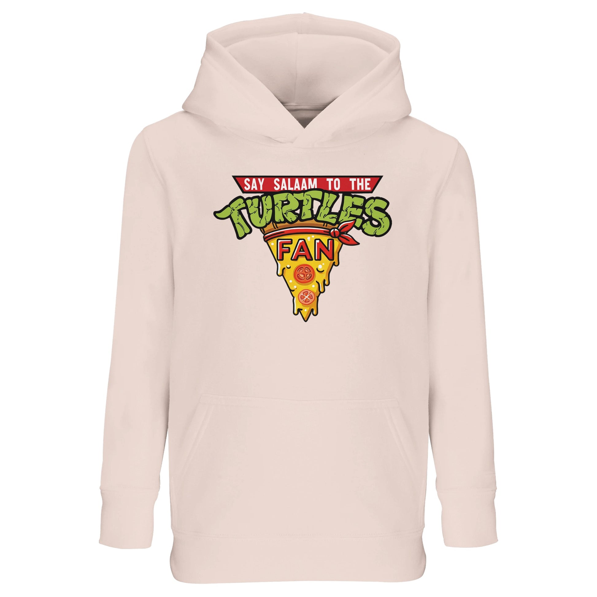 Say Salaam to the Turtles Fan Pizza Design #1 Part-Recycled Cotton-Poly Kids Hoodie – Creamy Pink / Oyster Pink with vivid green Teenage Mutant Ninja Turtles text and cheesy pizza graphic. A Nickelodeon TMNT movie essential for kids who love Michelangelo’s jokes and Donatello’s brains. Not the Primark TMNT Pizza Hut hoodie — this modest, unisex brushed fleece is fairly priced and built for pizza nights, cartoons and shell-powered imagination.