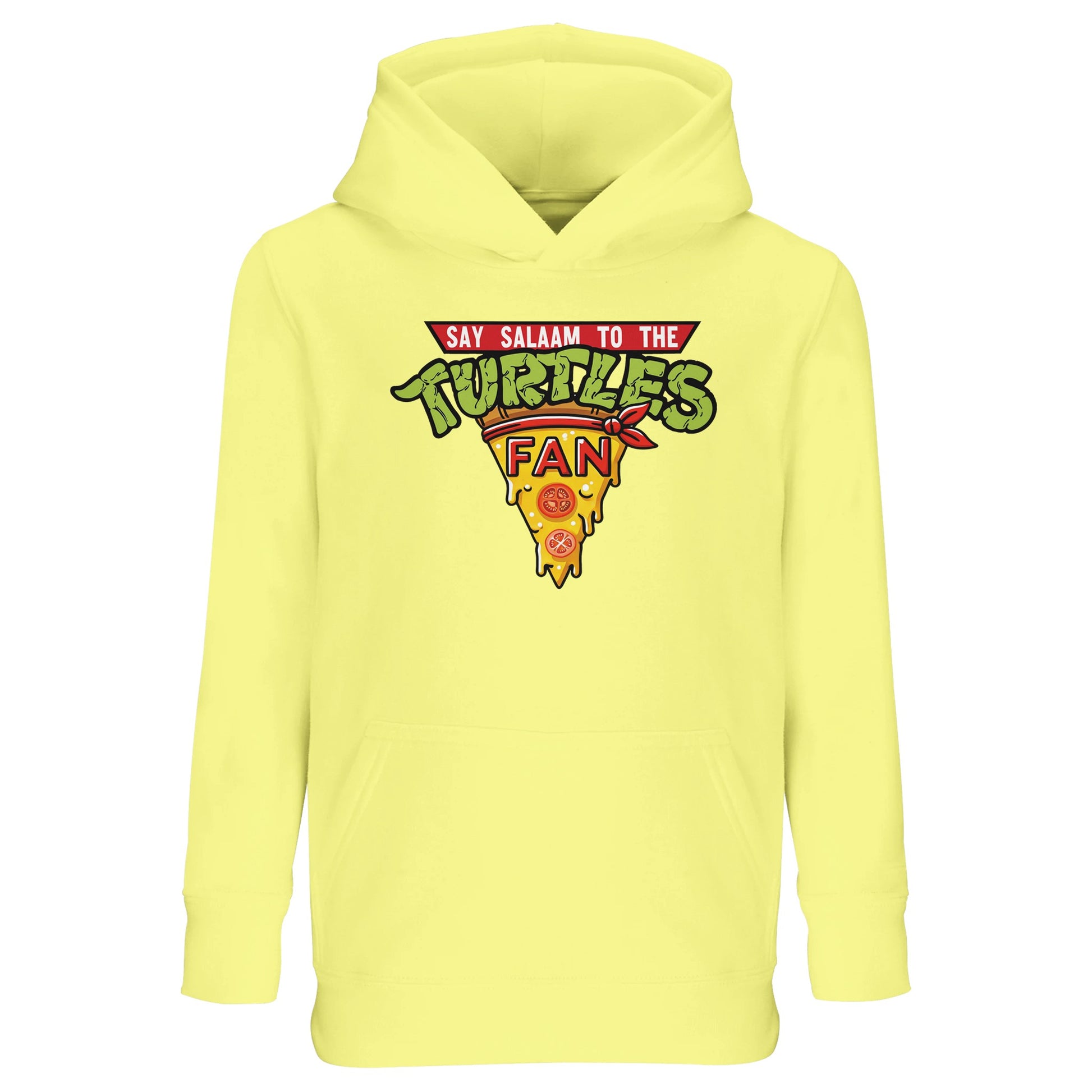 Say Salaam to the Turtles Fan Pizza Design #1 Part-Recycled Cotton-Poly Kids Hoodie – Light Yellow / Honey Glow with green Teenage Mutant Ninja Turtles text and melting pizza artwork. A Nickelodeon TMNT movie favourite celebrating Leonardo, Raphael, Donatello and Michelangelo. Not the Primark TMNT Pizza Hut hooded top — this soft, low-priced fleece is modest, unisex and perfect for fans shouting “Cowabunga!” during cartoon marathons or Michael Mann rewatches.