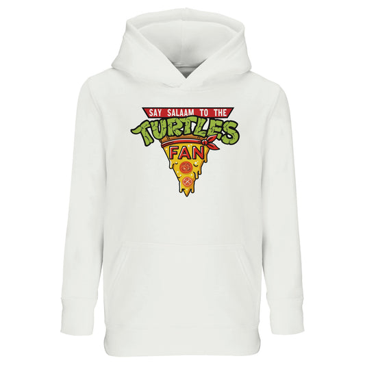 Say Salaam to the Turtles Fan Pizza Design #1 Part-Recycled Cotton-Poly Kids Hoodie – White / Platinum with green Teenage Mutant Ninja Turtles text above a dripping pizza slice. Nickelodeon movie and 90s cartoon fans will love this modest brushed-fleece kids hoodie celebrating Leonardo, Raphael, Donatello and Michelangelo. Not the Primark TMNT Pizza Hut hoodie — eco-friendly, unisex, low priced and durable for rewatching the TMNT movie lineup, quoting Splinter and yelling “Cowabunga!” mid-marathon.