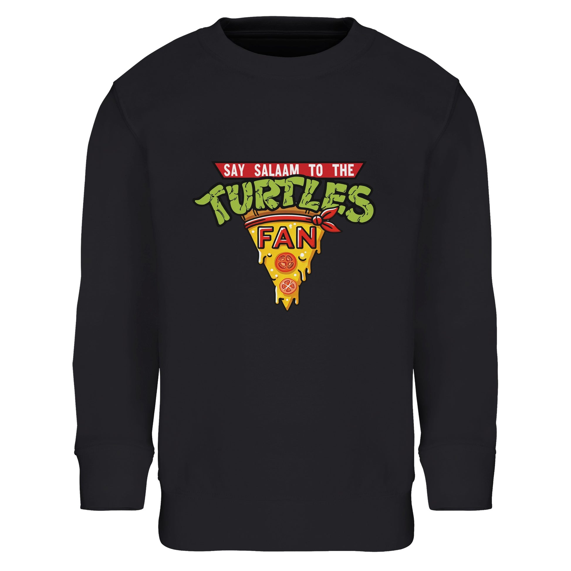 Say Salaam to the Turtles Fan Pizza Design #1 Part-Recycled Cotton-Poly Kids Sweatshirt – Black / Onyx with bold green TMNT pizza crest. A Nickelodeon Teenage Mutant Ninja Turtles movie favourite featuring the half-shell heroes Leonardo, Raphael, Donatello and Michelangelo. Not the Primark TMNT Pizza Hut sweatshirt — this soft, modest, fairly priced jumper offers eco-conscious comfort for kids shouting “Cowabunga!” while rewatching classic cartoons or practising ninja moves after school.