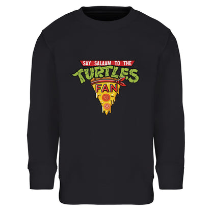Say Salaam to the Turtles Fan Pizza Design #1 Part-Recycled Cotton-Poly Kids Sweatshirt – Black / Onyx with bold green TMNT pizza crest. A Nickelodeon Teenage Mutant Ninja Turtles movie favourite featuring the half-shell heroes Leonardo, Raphael, Donatello and Michelangelo. Not the Primark TMNT Pizza Hut sweatshirt — this soft, modest, fairly priced jumper offers eco-conscious comfort for kids shouting “Cowabunga!” while rewatching classic cartoons or practising ninja moves after school.