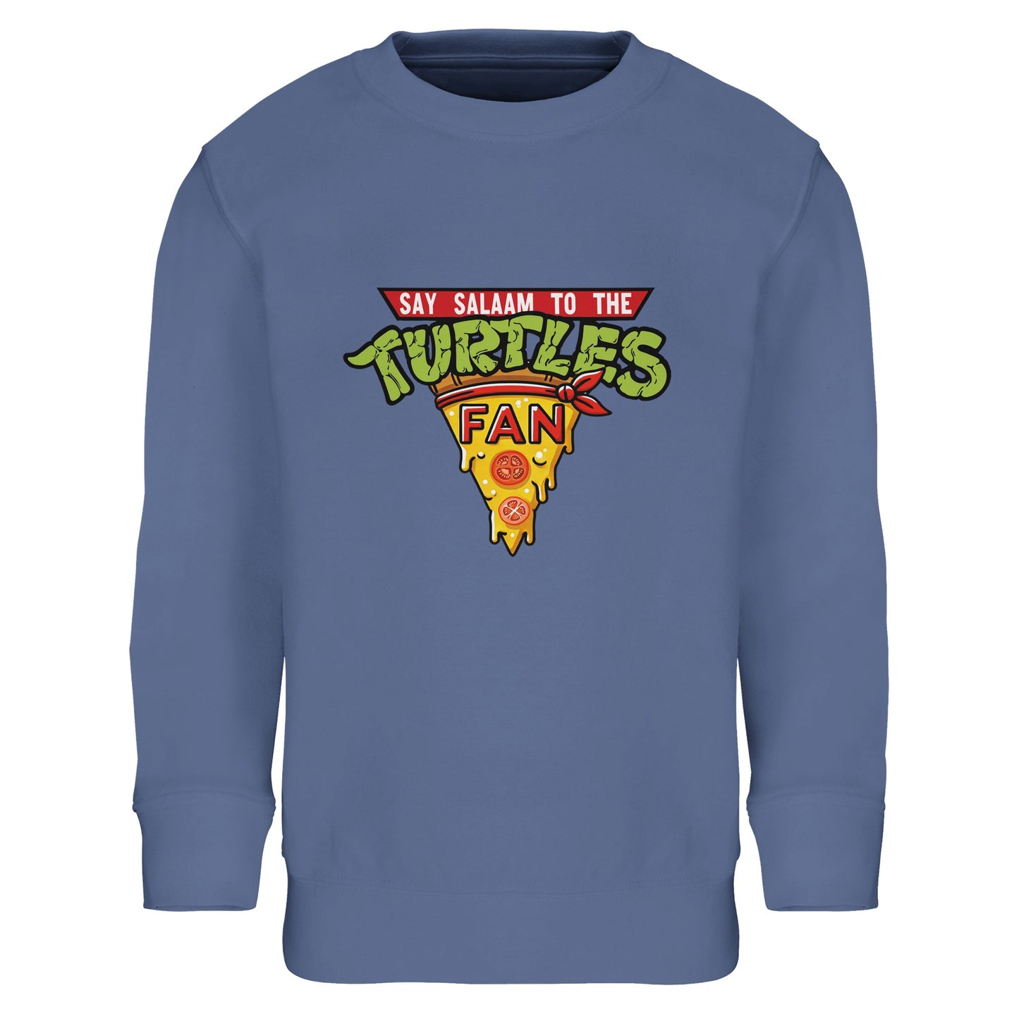 Say Salaam to the Turtles Fan Pizza Design #1 Part-Recycled Cotton-Poly Kids Sweatshirt – Blue / Royal Sky showing the famous TMNT crest. A Nickelodeon Teenage Mutant Ninja Turtles movie-inspired sweatshirt that brings back 90s nostalgia and the teamwork of Leonardo, Donatello, Michelangelo, Raphael, Splinter, April and Venus de Milo. Not the Primark TMNT Pizza Hut jumper — this modest, low priced brushed fleece is soft, unisex and perfect for youngsters who love pizza nights, comics and fun green heroes.