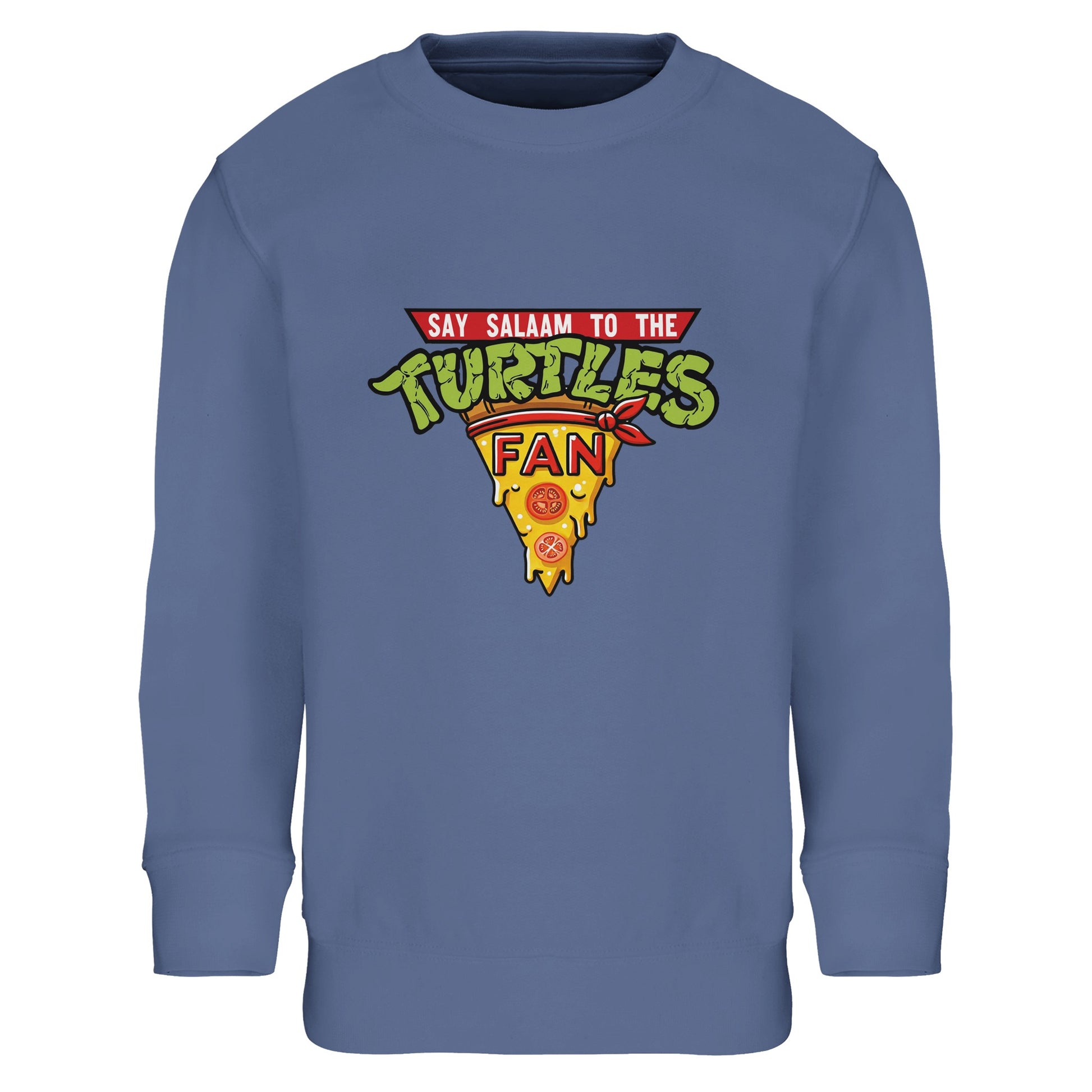 Say Salaam to the Turtles Fan Pizza Design #1 Part-Recycled Cotton-Poly Kids Sweatshirt – Blue / Royal Sky showing the famous TMNT crest. A Nickelodeon Teenage Mutant Ninja Turtles movie-inspired sweatshirt that brings back 90s nostalgia and the teamwork of Leonardo, Donatello, Michelangelo, Raphael, Splinter, April and Venus de Milo. Not the Primark TMNT Pizza Hut jumper — this modest, low priced brushed fleece is soft, unisex and perfect for youngsters who love pizza nights, comics and fun green heroes.