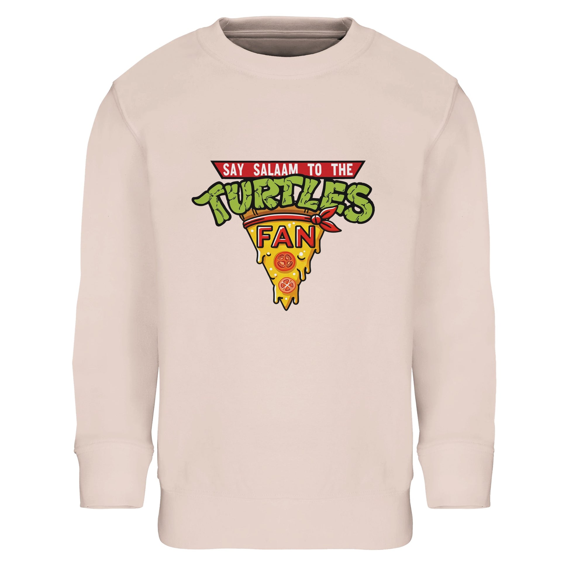 Say Salaam to the Turtles Fan Pizza Design #1 Part-Recycled Cotton-Poly Kids Sweatshirt – Creamy Pink / Oyster Pink featuring the bold ‘best pizza slice crest’. Made for Nickelodeon Teenage Mutant Ninja Turtles movie fans and cartoon dreamers, it’s soft, brushed, and fairly priced. Not the Primark TMNT Pizza Hut sweatshirt — this modest, unisex jumper is perfect for young shellheads who love Michelangelo’s jokes, Donatello’s genius, April’s reporting, Shredder’s villainy, and eco-friendly pizza-loving fun.