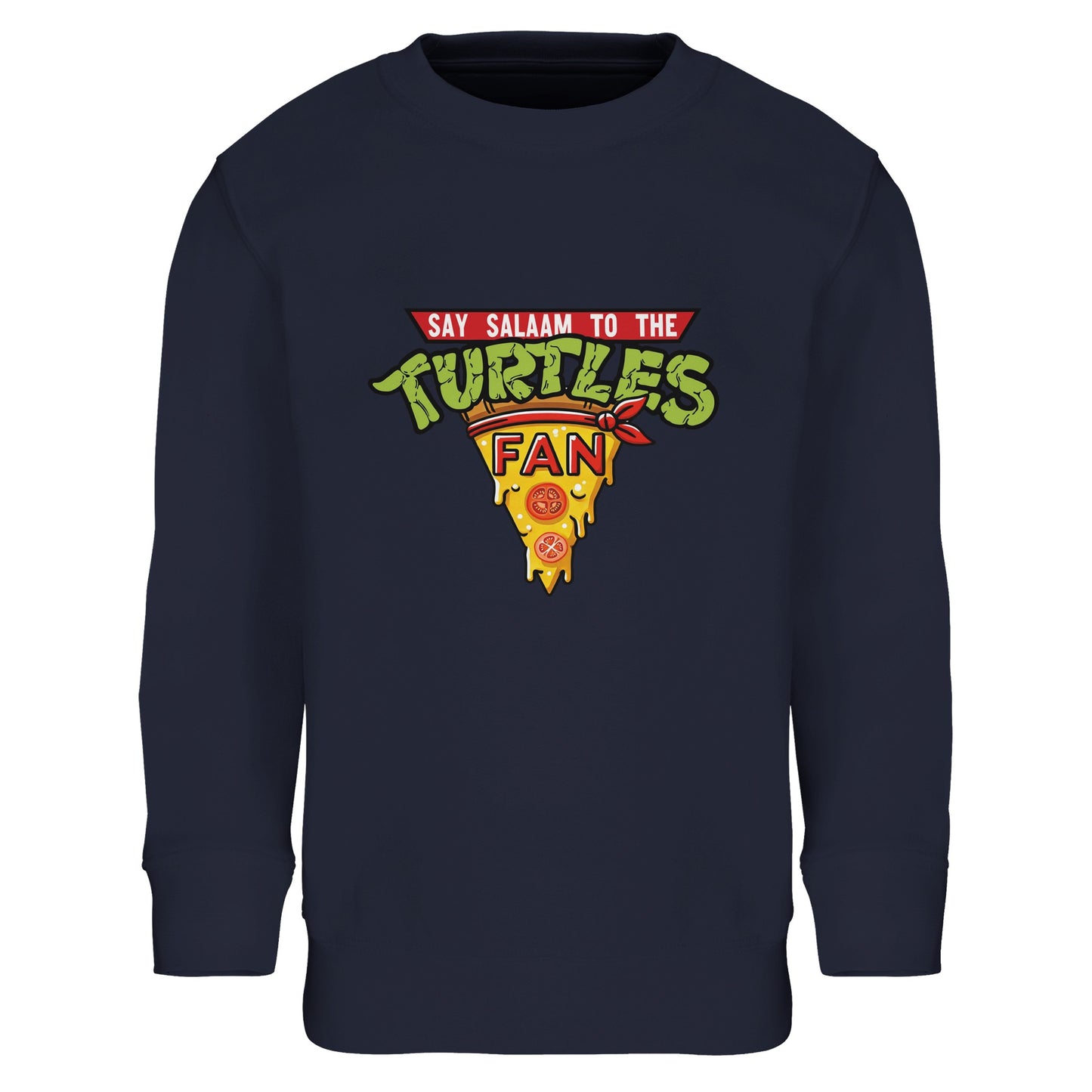 Say Salaam to the Turtles Fan Pizza Design #1 Part-Recycled Cotton-Poly Kids Sweatshirt – French Navy / Deep Indigo with green TMNT pizza crest. Inspired by the Nickelodeon Teenage Mutant Ninja Turtles movie and Mirage comics, it celebrates Leonardo’s discipline, Donatello’s science, Michelangelo’s humour and Raphael’s fire. Not the Primark TMNT Pizza Hut sweatshirt — this modest, fairly priced fleece is unisex, sustainable and full of retro shell-power charm for young cartoon lovers.