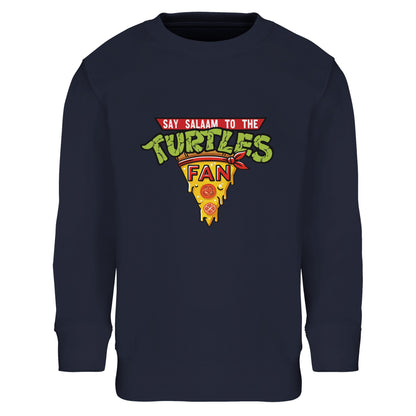 Say Salaam to the Turtles Fan Pizza Design #1 Part-Recycled Cotton-Poly Kids Sweatshirt – French Navy / Deep Indigo with green TMNT pizza crest. Inspired by the Nickelodeon Teenage Mutant Ninja Turtles movie and Mirage comics, it celebrates Leonardo’s discipline, Donatello’s science, Michelangelo’s humour and Raphael’s fire. Not the Primark TMNT Pizza Hut sweatshirt — this modest, fairly priced fleece is unisex, sustainable and full of retro shell-power charm for young cartoon lovers.
