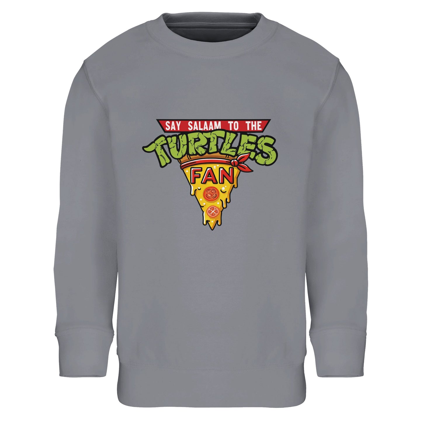 Say Salaam to the Turtles Fan Pizza Design #1 Part-Recycled Cotton-Poly Kids Sweatshirt – Grey Melange / Classic Athletic Grey with the iconic TMNT pizza crest. A Nickelodeon Teenage Mutant Ninja Turtles movie-themed sweatshirt celebrating Michelangelo’s mischief and Donatello’s gadgets. Not the Primark TMNT Pizza Hut jumper — this modest, low priced fleece is warm, durable and eco-friendly, keeping little fans cosy through cartoons, comics and pizza-powered family film nights.