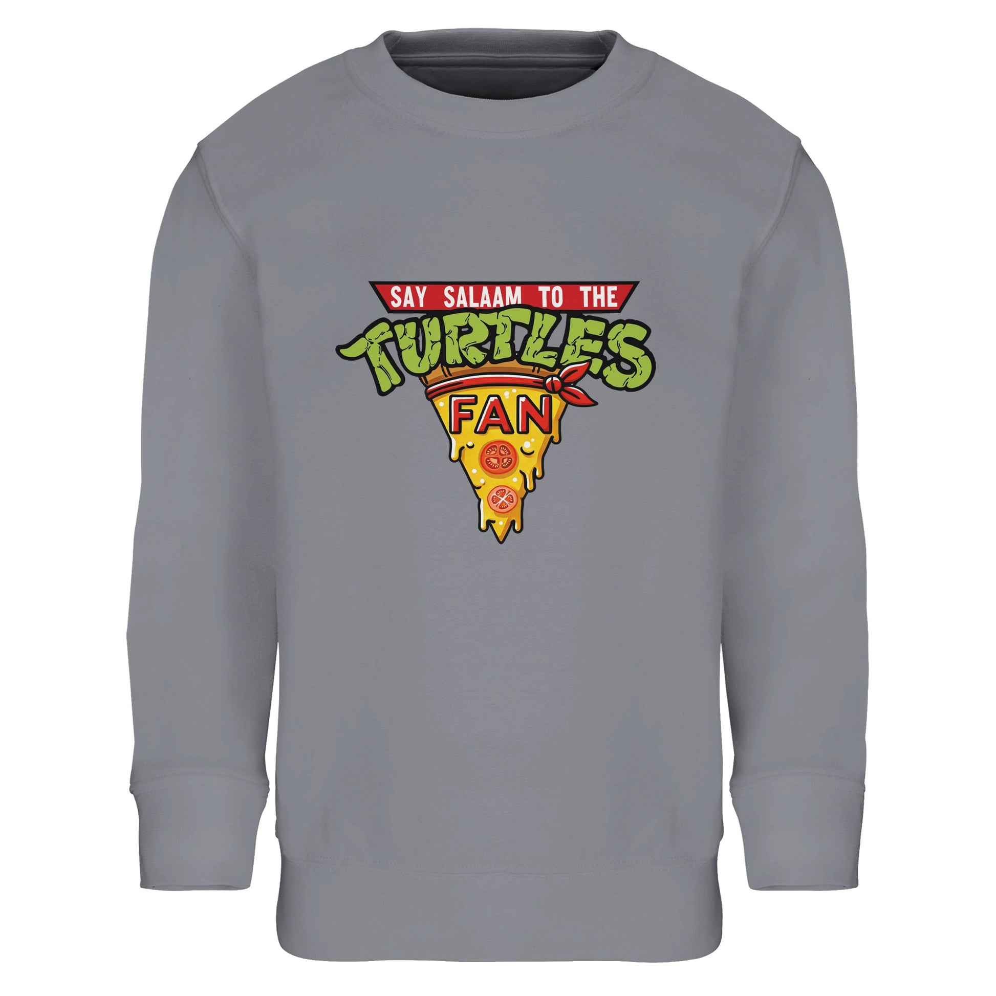 Say Salaam to the Turtles Fan Pizza Design #1 Part-Recycled Cotton-Poly Kids Sweatshirt – Grey Melange / Classic Athletic Grey with the iconic TMNT pizza crest. A Nickelodeon Teenage Mutant Ninja Turtles movie-themed sweatshirt celebrating Michelangelo’s mischief and Donatello’s gadgets. Not the Primark TMNT Pizza Hut jumper — this modest, low priced fleece is warm, durable and eco-friendly, keeping little fans cosy through cartoons, comics and pizza-powered family film nights.