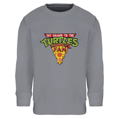 Say Salaam to the Turtles Fan Pizza Design #1 Part-Recycled Cotton-Poly Kids Sweatshirt – Grey Melange / Classic Athletic Grey with the iconic TMNT pizza crest. A Nickelodeon Teenage Mutant Ninja Turtles movie-themed sweatshirt celebrating Michelangelo’s mischief and Donatello’s gadgets. Not the Primark TMNT Pizza Hut jumper — this modest, low priced fleece is warm, durable and eco-friendly, keeping little fans cosy through cartoons, comics and pizza-powered family film nights.