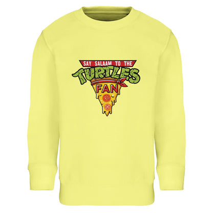 Say Salaam to the Turtles Fan Pizza Design #1 Part-Recycled Cotton-Poly Kids Sweatshirt – Light Yellow / Honey Glow with the famous TMNT pizza crest. A Nickelodeon Teenage Mutant Ninja Turtles movie nod full of 90s nostalgia, and the four bandana-wearing heroes in a halfshell — Leonardo, Raphael, Donatello, Michelangelo. Not the Primark TMNT Pizza Hut sweatshirt — this soft low priced fleece layer is modest, unisex, and perfect for young fans who shout “Cowabunga!” at the TV.