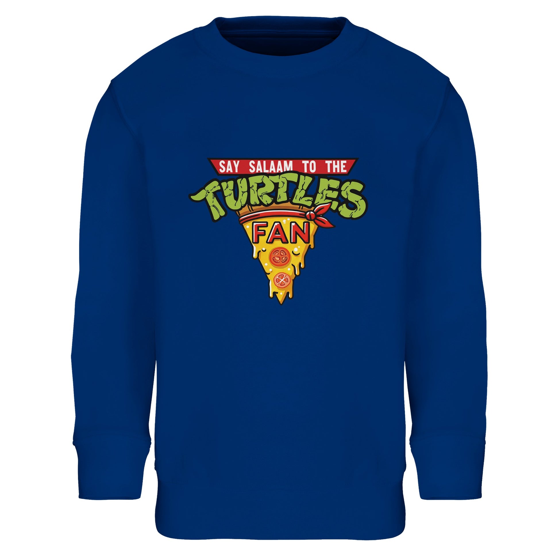 Say Salaam to the Turtles Fan Pizza Design #1 Part-Recycled Cotton-Poly Kids Sweatshirt – Royal Blue / Dark Lagoon with the green-and-yellow TMNT pizza crest. Inspired by Nickelodeon’s Teenage Mutant Ninja Turtles movie and the Mirage comics, the bargain price stylish garment blends nostalgia and eco-conscious comfort. Not the Primark TMNT Pizza Hut jumper — this modest, unisex brushed fleece keeps youngsters warm while rewatching cartoons, quoting Splinter, and dreaming of pizza-fuelled sewer adventures.