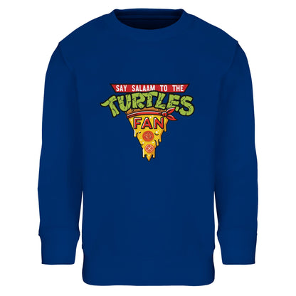 Say Salaam to the Turtles Fan Pizza Design #1 Part-Recycled Cotton-Poly Kids Sweatshirt – Royal Blue / Dark Lagoon with the green-and-yellow TMNT pizza crest. Inspired by Nickelodeon’s Teenage Mutant Ninja Turtles movie and the Mirage comics, the bargain price stylish garment blends nostalgia and eco-conscious comfort. Not the Primark TMNT Pizza Hut jumper — this modest, unisex brushed fleece keeps youngsters warm while rewatching cartoons, quoting Splinter, and dreaming of pizza-fuelled sewer adventures.