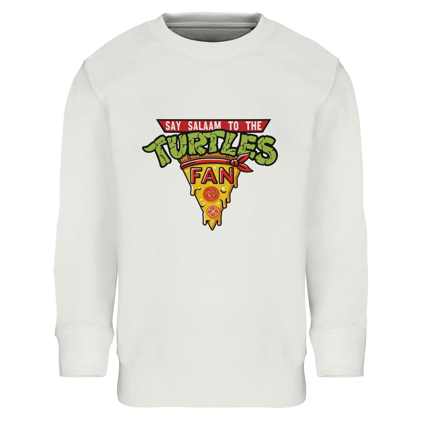 Say Salaam to the Turtles Fan Pizza Design #1 Part-Recycled Cotton-Poly Kids Sweatshirt – White / Platinum with the green-and-yellow TMNT crest. A Nickelodeon Teenage Mutant Ninja Turtles movie throwback honouring Leonardo, Donatello, Michelangelo and Raphael. Not the Primark TMNT Pizza Hut sweatshirt — this soft, low priced brushed fleece layer is modest, unisex and built for young shellheads watching the movie, quoting Splinter, or mimicking those sewer-side pizza fights with Bebop and Rocksteady.