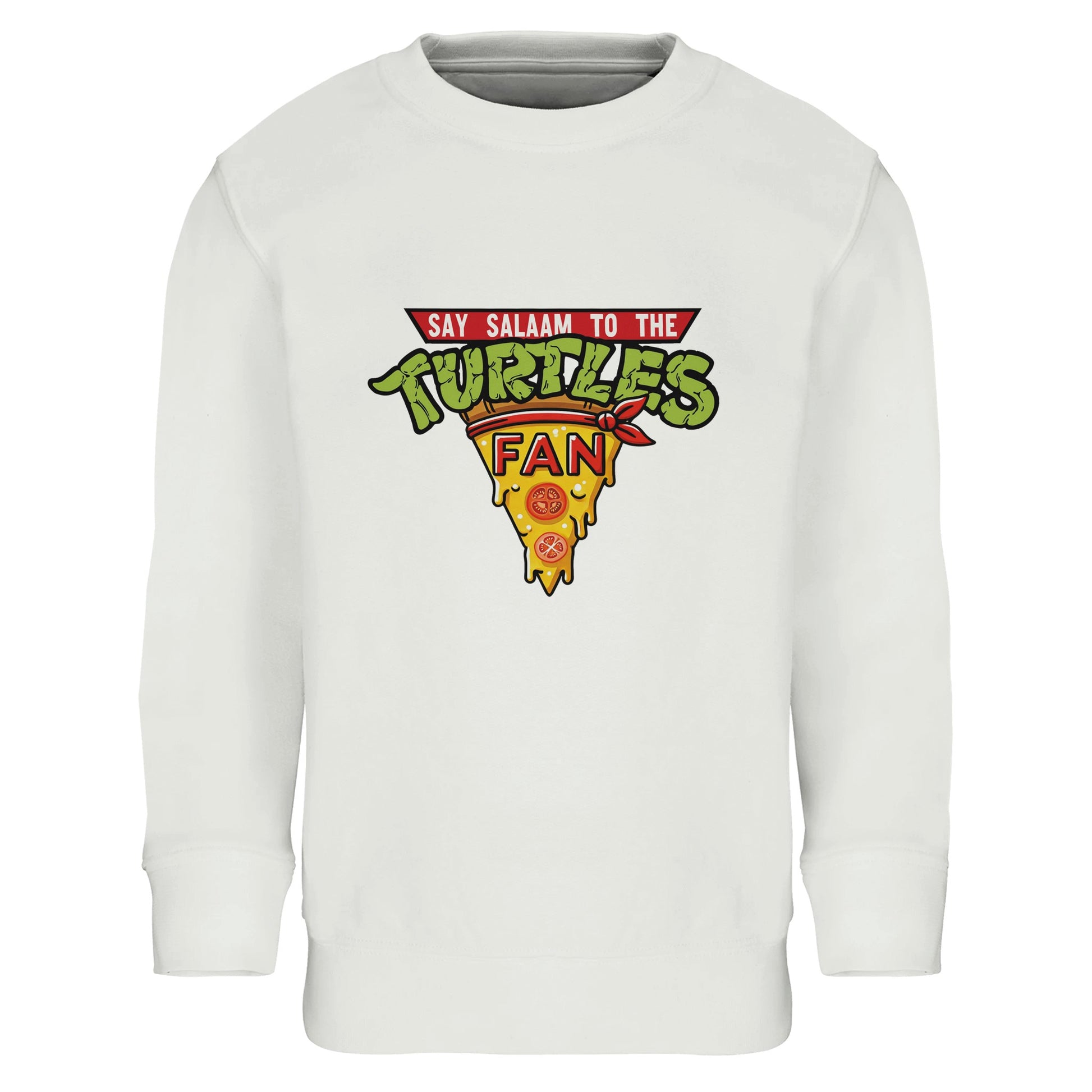 Say Salaam to the Turtles Fan Pizza Design #1 Part-Recycled Cotton-Poly Kids Sweatshirt – White / Platinum with the green-and-yellow TMNT crest. A Nickelodeon Teenage Mutant Ninja Turtles movie throwback honouring Leonardo, Donatello, Michelangelo and Raphael. Not the Primark TMNT Pizza Hut sweatshirt — this soft, low priced brushed fleece layer is modest, unisex and built for young shellheads watching the movie, quoting Splinter, or mimicking those sewer-side pizza fights with Bebop and Rocksteady.