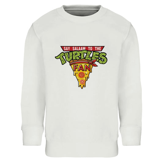 Say Salaam to the Turtles Fan Pizza Design #1 Part-Recycled Cotton-Poly Kids Sweatshirt – White / Platinum with the green-and-yellow TMNT crest. A Nickelodeon Teenage Mutant Ninja Turtles movie throwback honouring Leonardo, Donatello, Michelangelo and Raphael. Not the Primark TMNT Pizza Hut sweatshirt — this soft, low priced brushed fleece layer is modest, unisex and built for young shellheads watching the movie, quoting Splinter, or mimicking those sewer-side pizza fights with Bebop and Rocksteady.