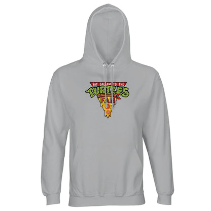 Say Salaam to the Turtles Fan Pizza Design #1 Part-Recycled Unisex Cotton-Poly Hoodie – Ash / Urban Grey featuring the bold ‘best pizza slice crest’ in green and gold. Inspired by the Nickelodeon Teenage Mutant Ninja Turtles movie and cartoon, this brushed fleece hoodie celebrates 90s nostalgia and comic heroes Leonardo, Donatello, Michelangelo, and Raphael. Not the Primark TMNT Pizza Hut hoodie, it’s sustainable, modest and unisex — a fanwear favourite for eco-aware pizza lovers with shell-shocking style.