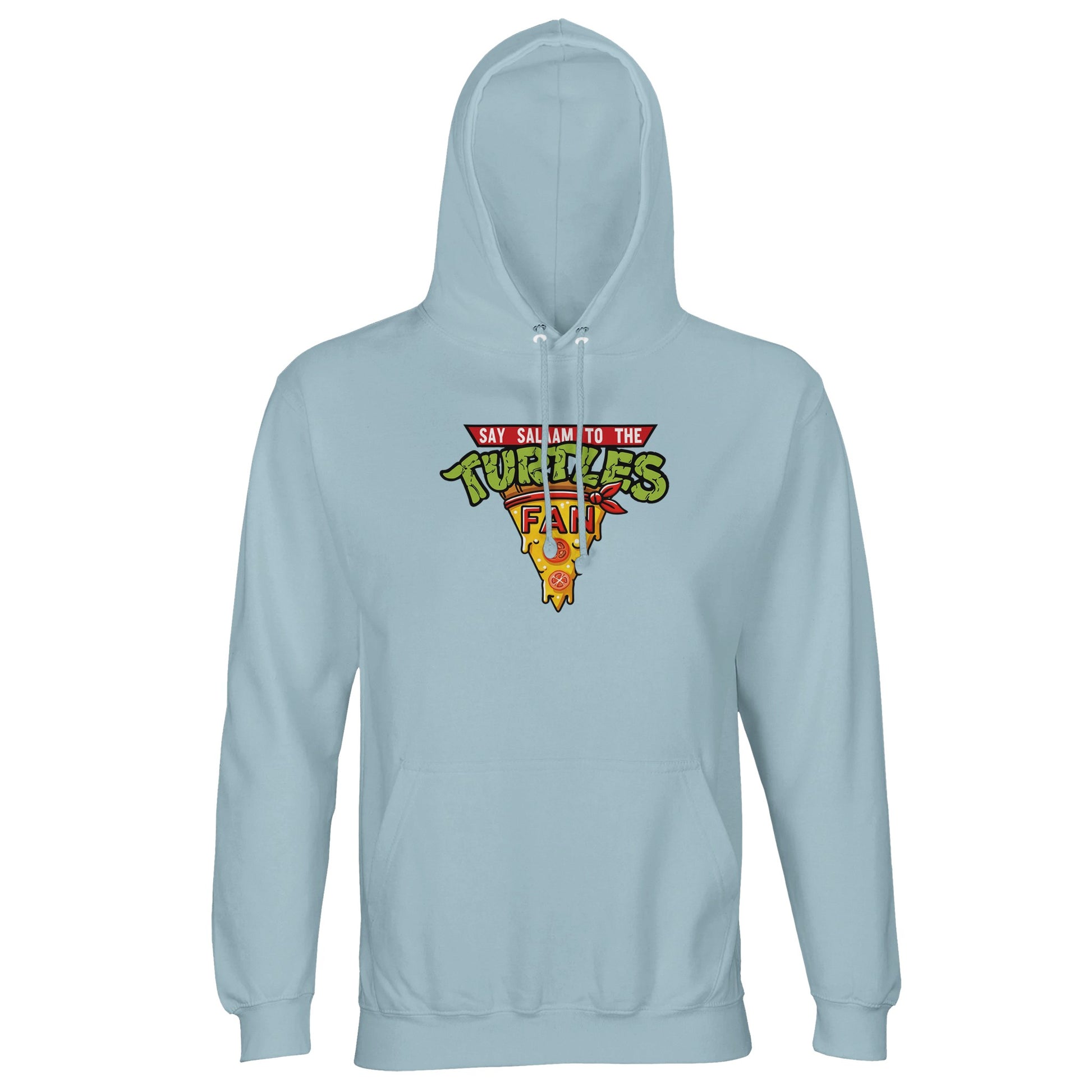 Say Salaam to the Turtles Fan Pizza Design #1 Part-Recycled Unisex Cotton-Poly Hoodie – Creamy Blue / Powder Sky with the playful ‘best pizza slice crest’. Perfect for Nickelodeon Teenage Mutant Ninja Turtles movie fans who grew up idolising Leonardo and Michelangelo. Not the Primark TMNT Pizza Hut hoodie, it’s sustainable, unisex, and faith-friendly. A soft brushed fleece hoodie for eco-aware fans mixing nostalgia, cartoons, pizza nights and recycled streetwear with comic-book charm.