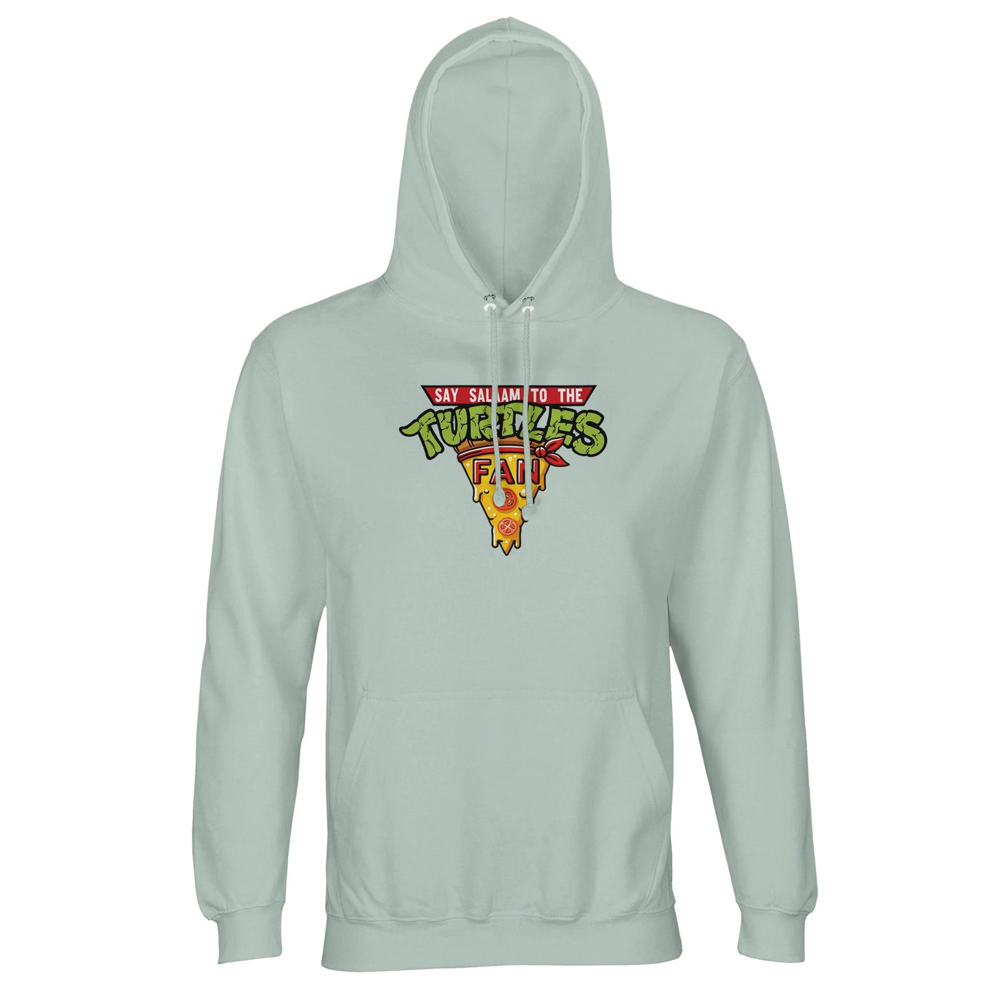 Say Salaam to the Turtles Fan Pizza Design #1 Part-Recycled Unisex Cotton-Poly Hoodie – Creamy Green / Matcha Mist with the iconic ‘best pizza slice crest’. A Nickelodeon Teenage Mutant Ninja Turtles movie homage inspired by Raphael’s fire and Michelangelo’s humour. Not the Primark TMNT Pizza Hut hoodie, but a sustainable, brushed fleece essential for eco-conscious fans. Modest, unisex and nostalgic, it celebrates cartoon culture, pizza love and unofficial shell-powered energy in one soft fit.