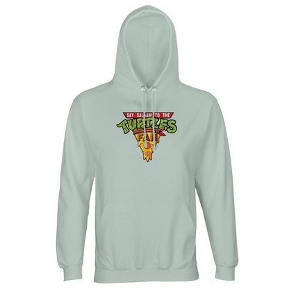 Say Salaam to the Turtles Fan Pizza Design #1 Part-Recycled Unisex Cotton-Poly Hoodie – Creamy Green / Matcha Mist with the iconic ‘best pizza slice crest’. A Nickelodeon Teenage Mutant Ninja Turtles movie homage inspired by Raphael’s fire and Michelangelo’s humour. Not the Primark TMNT Pizza Hut hoodie, but a sustainable, brushed fleece essential for eco-conscious fans. Modest, unisex and nostalgic, it celebrates cartoon culture, pizza love and unofficial shell-powered energy in one soft fit.