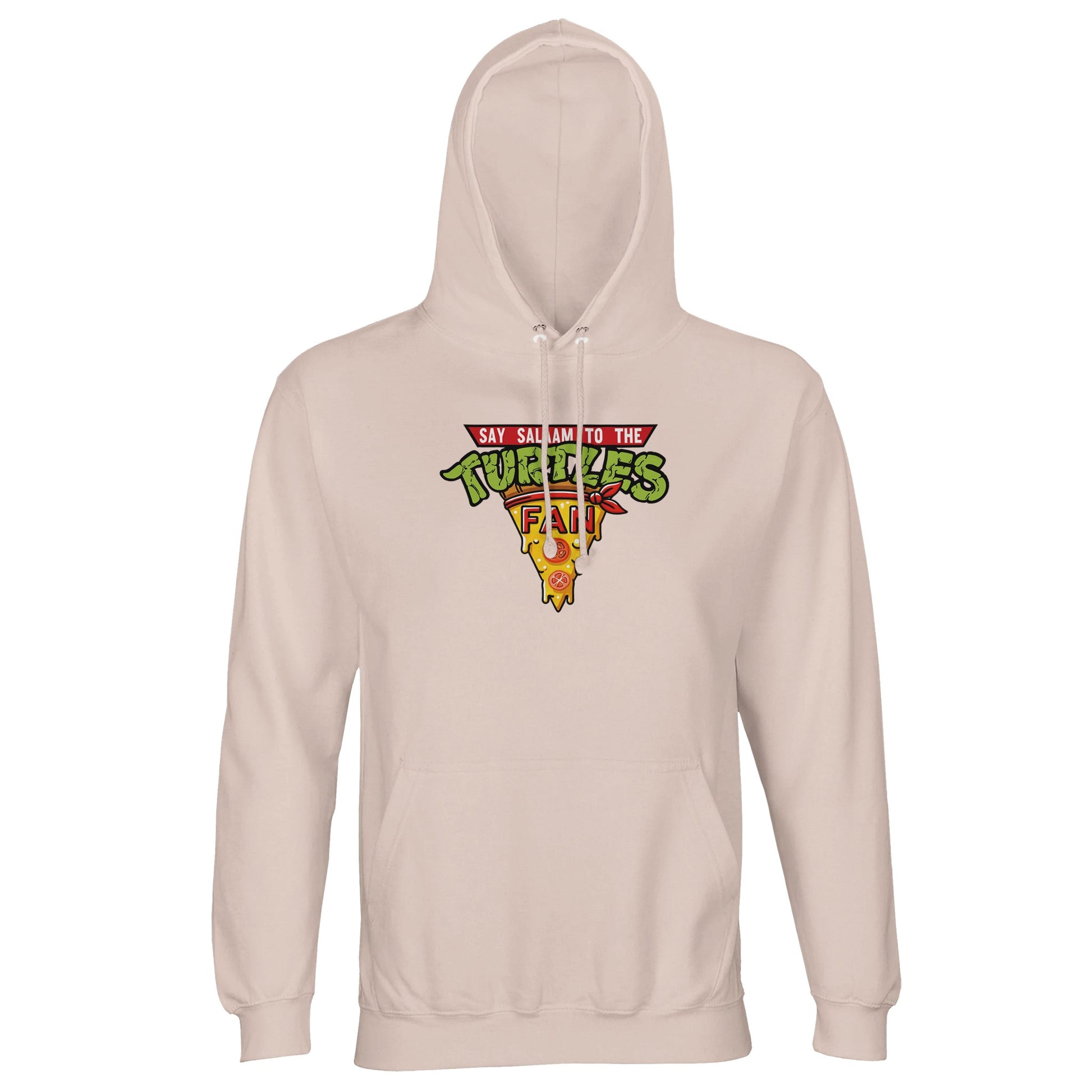 Say Salaam to the Turtles Fan Pizza Design #1 Part-Recycled Unisex Cotton-Poly Hoodie – Creamy Pink / Oyster Pink featuring the bold ‘best pizza slice crest’. A Nickelodeon Teenage Mutant Ninja Turtles movie throwback celebrating Leonardo, Raphael and Michelangelo. Not the Primark TMNT Pizza Hut hoodie — this brushed fleece is modest, unisex and sustainable. A fun, nostalgic hoodie for fans who still quote “Cowabunga!” while rewatching original and new TMNT films, gaming, or grabbing that final pizza slice.
