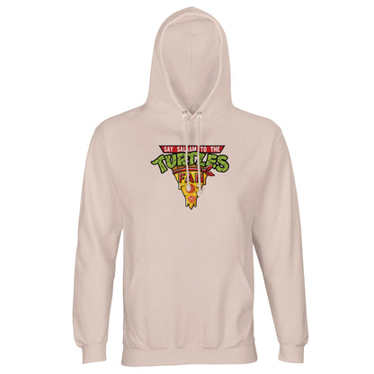 Say Salaam to the Turtles Fan Pizza Design #1 Part-Recycled Unisex Cotton-Poly Hoodie – Creamy Pink / Oyster Pink featuring the bold ‘best pizza slice crest’. A Nickelodeon Teenage Mutant Ninja Turtles movie throwback celebrating Leonardo, Raphael and Michelangelo. Not the Primark TMNT Pizza Hut hoodie — this brushed fleece is modest, unisex and sustainable. A fun, nostalgic hoodie for fans who still quote “Cowabunga!” while rewatching original and new TMNT films, gaming, or grabbing that final pizza slice.
