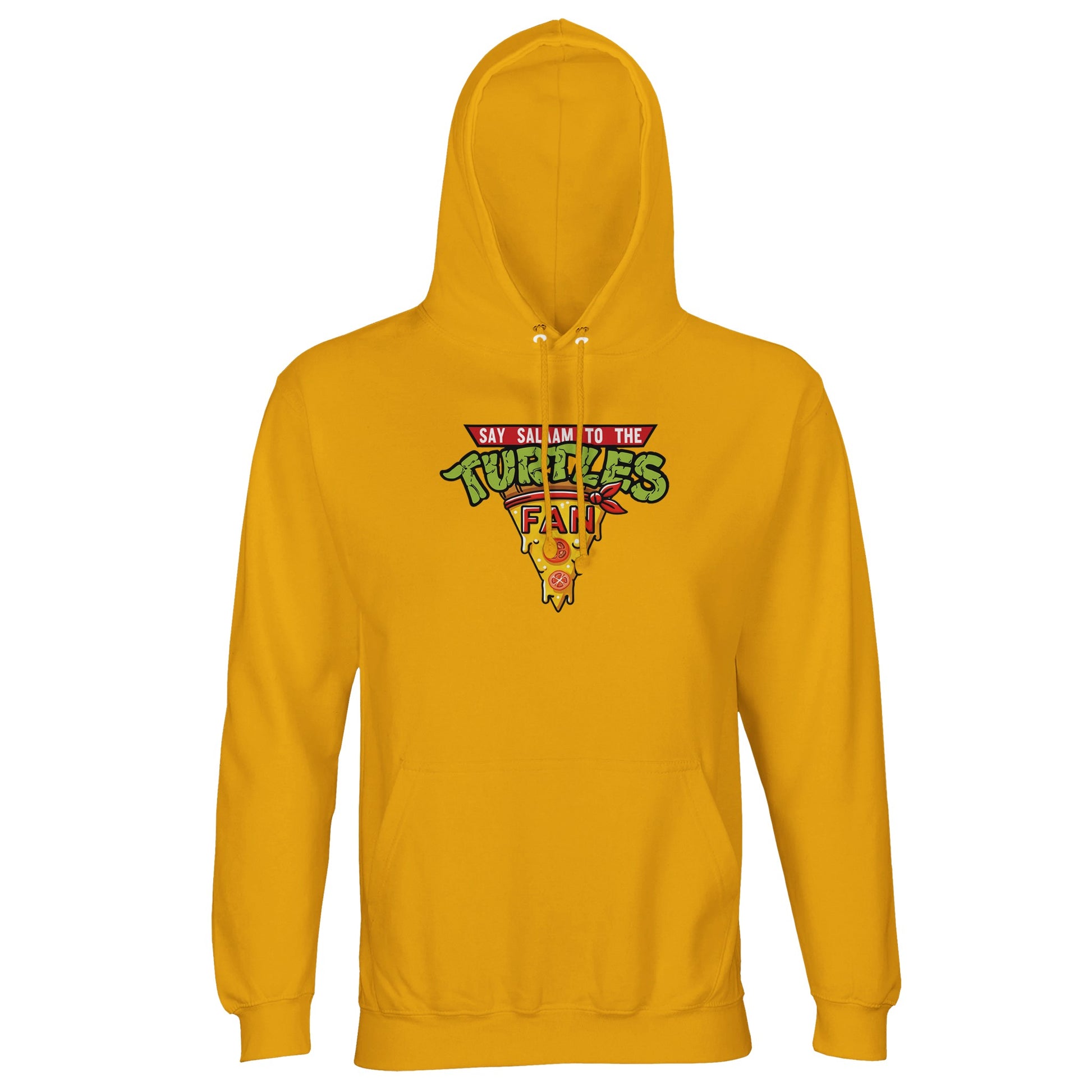 Say Salaam to the Turtles Fan Pizza Design #1 Part-Recycled Unisex Cotton-Poly Hoodie – Gold / Tuscan Sun with the iconic ‘best pizza slice crest’ logo. Built for Nickelodeon Teenage Mutant Ninja Turtles movie fans and 90s cartoon lovers, it revives Leonardo’s focus, Donatello’s tech, Raphael’s temper and Michelangelo’s pizza obsession. Not the Primark TMNT Pizza Hut hoodie, this recycled brushed fleece piece is unisex, modest and eco-conscious — nostalgic 90s streetwear for shellheads everywhere.