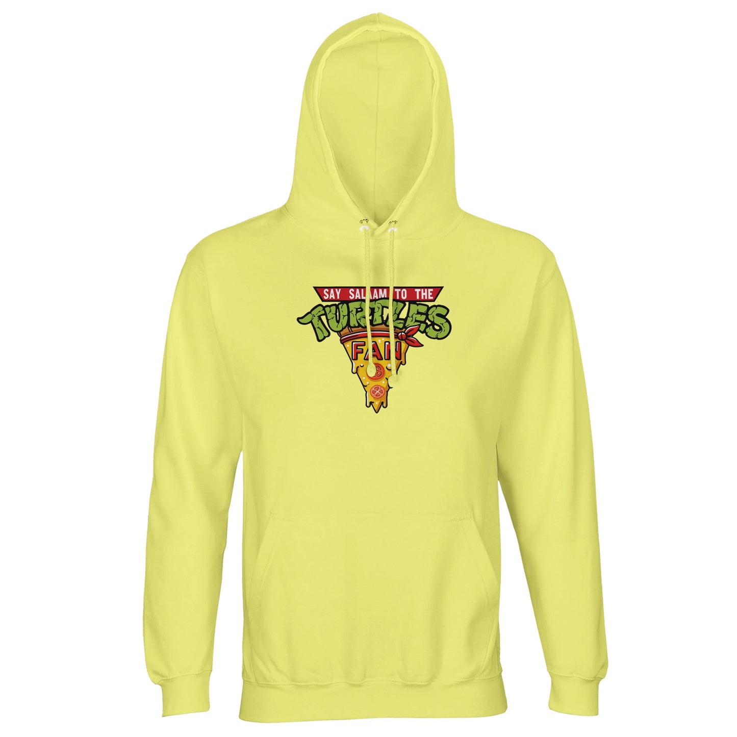 Say Salaam to the Turtles Fan Pizza Design #1 Part-Recycled Unisex Cotton-Poly Hoodie – Light Yellow / Honey Glow with the famous ‘best pizza slice crest’. Inspired by the Nickelodeon Teenage Mutant Ninja Turtles movie and series, it celebrates Michelangelo’s energy and Donatello’s smarts. Not the Primark TMNT Pizza Hut hoodie, this sustainable brushed fleece layer is modest, unisex and soft. The perfect nostalgic hoodie for eco-aware fans rewatching TMNT movies and pizza-fuelled adventures.
