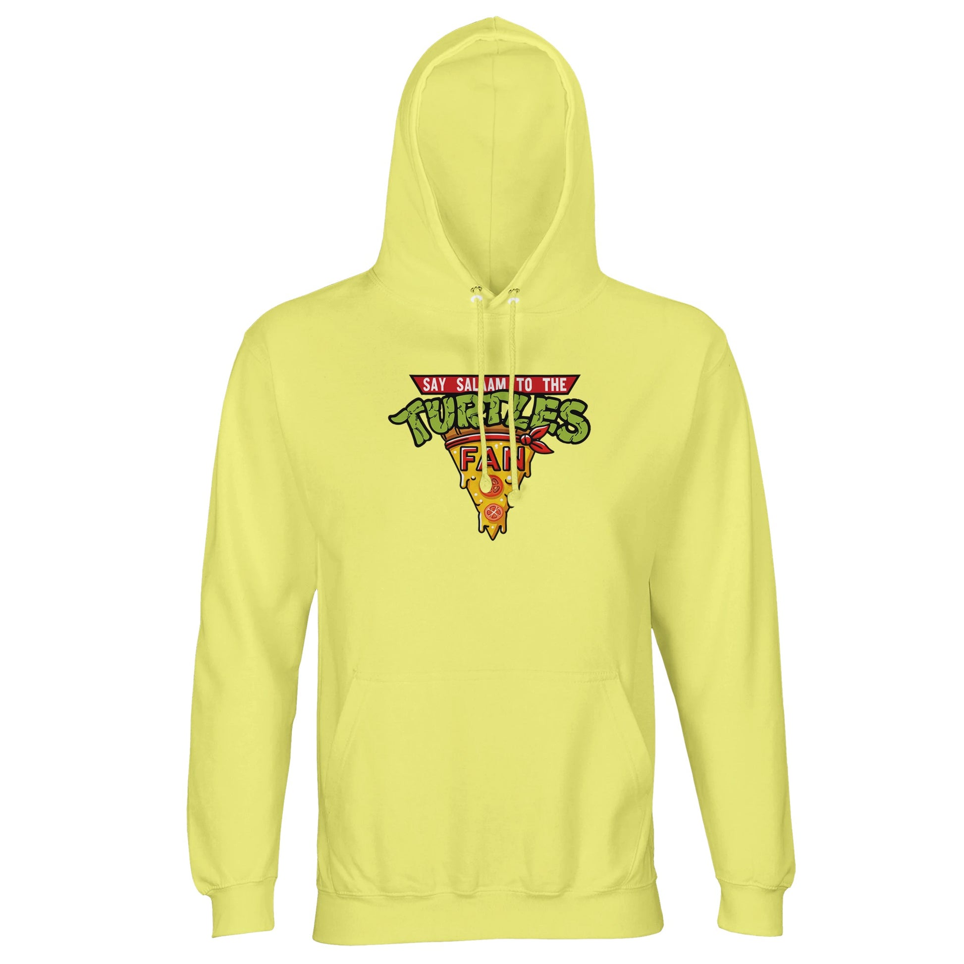 Say Salaam to the Turtles Fan Pizza Design #1 Part-Recycled Unisex Cotton-Poly Hoodie – Light Yellow / Honey Glow with the famous ‘best pizza slice crest’. Inspired by the Nickelodeon Teenage Mutant Ninja Turtles movie and series, it celebrates Michelangelo’s energy and Donatello’s smarts. Not the Primark TMNT Pizza Hut hoodie, this sustainable brushed fleece layer is modest, unisex and soft. The perfect nostalgic hoodie for eco-aware fans rewatching TMNT movies and pizza-fuelled adventures.