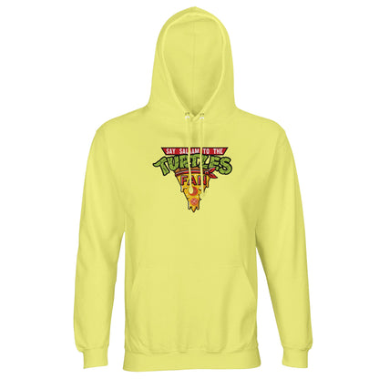 Say Salaam to the Turtles Fan Pizza Design #1 Part-Recycled Unisex Cotton-Poly Hoodie – Light Yellow / Honey Glow with the famous ‘best pizza slice crest’. Inspired by the Nickelodeon Teenage Mutant Ninja Turtles movie and series, it celebrates Michelangelo’s energy and Donatello’s smarts. Not the Primark TMNT Pizza Hut hoodie, this sustainable brushed fleece layer is modest, unisex and soft. The perfect nostalgic hoodie for eco-aware fans rewatching TMNT movies and pizza-fuelled adventures.