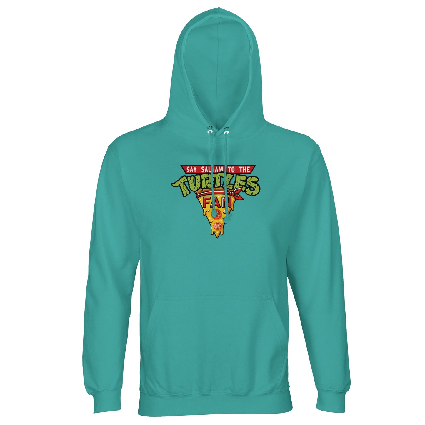 Say Salaam to the Turtles Fan Pizza Design #1 Part-Recycled Unisex Cotton-Poly Hoodie – Pool Blue / Lagoon Mist with the green-and-yellow ‘best pizza slice crest’. A Nickelodeon Teenage Mutant Ninja Turtles movie nod for fans of Michelangelo and Leonardo. Not the Primark TMNT Pizza Hut hoodie — this sustainable, modest brushed fleece keeps nostalgia alive. A unisex eco staple for those who love pizza, comics and TMNT heroes in a faith-friendly, recycled streetwear design.