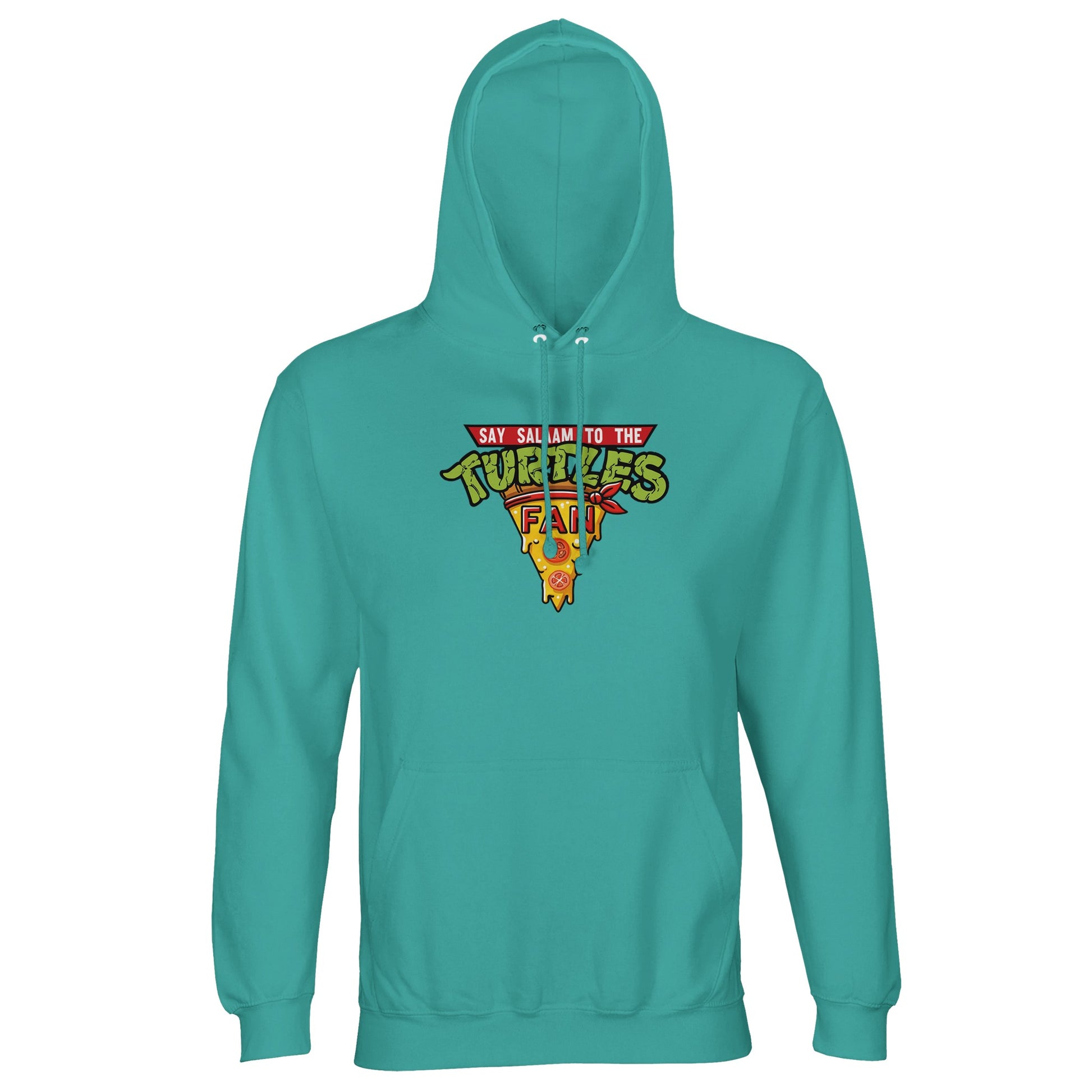Say Salaam to the Turtles Fan Pizza Design #1 Part-Recycled Unisex Cotton-Poly Hoodie – Pool Blue / Lagoon Mist with the green-and-yellow ‘best pizza slice crest’. A Nickelodeon Teenage Mutant Ninja Turtles movie nod for fans of Michelangelo and Leonardo. Not the Primark TMNT Pizza Hut hoodie — this sustainable, modest brushed fleece keeps nostalgia alive. A unisex eco staple for those who love pizza, comics and TMNT heroes in a faith-friendly, recycled streetwear design.