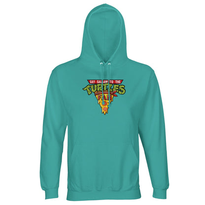 Say Salaam to the Turtles Fan Pizza Design #1 Part-Recycled Unisex Cotton-Poly Hoodie – Pool Blue / Lagoon Mist with the green-and-yellow ‘best pizza slice crest’. A Nickelodeon Teenage Mutant Ninja Turtles movie nod for fans of Michelangelo and Leonardo. Not the Primark TMNT Pizza Hut hoodie — this sustainable, modest brushed fleece keeps nostalgia alive. A unisex eco staple for those who love pizza, comics and TMNT heroes in a faith-friendly, recycled streetwear design.
