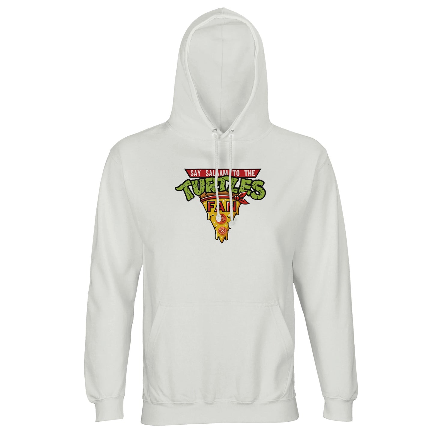 Say Salaam to the Turtles Fan Pizza Design #1 Part-Recycled Unisex Cotton-Poly Hoodie – White / Platinum featuring the green-and-yellow ‘best pizza slice crest’. A Nickelodeon Teenage Mutant Ninja Turtles movie throwback for fans of Leonardo, Raphael, Donatello and Michelangelo. Not the Primark TMNT Pizza Hut hoodie, this eco-friendly brushed fleece piece is unisex, modest and recycled. Perfect for shellheads reliving 90s pizza nights, gaming, or watching every TMNT film marathon in sustainable comfort.