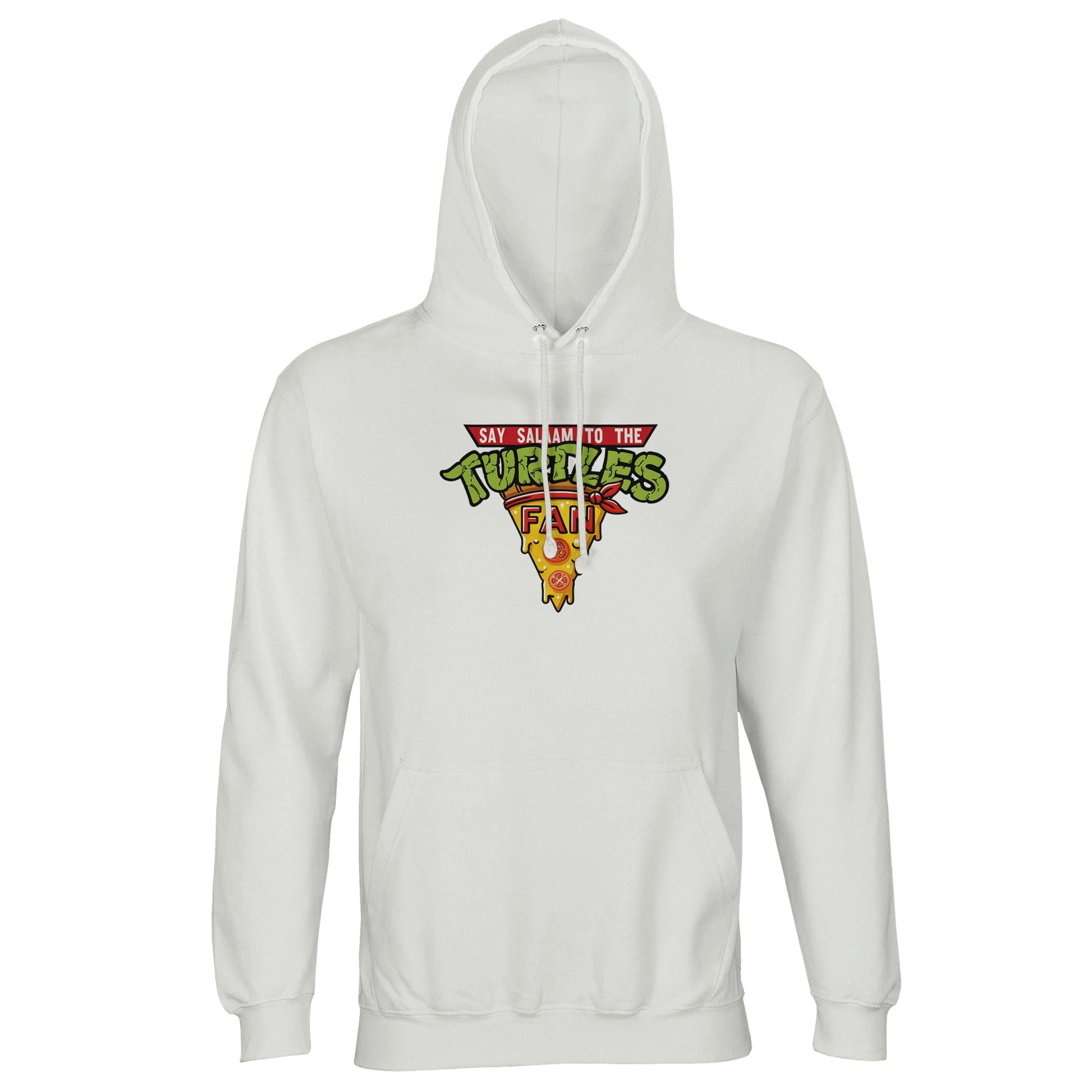Say Salaam to the Turtles Fan Pizza Design #1 Part-Recycled Unisex Cotton-Poly Hoodie – White / Platinum featuring the green-and-yellow ‘best pizza slice crest’. A Nickelodeon Teenage Mutant Ninja Turtles movie throwback for fans of Leonardo, Raphael, Donatello and Michelangelo. Not the Primark TMNT Pizza Hut hoodie, this eco-friendly brushed fleece piece is unisex, modest and recycled. Perfect for shellheads reliving 90s pizza nights, gaming, or watching every TMNT film marathon in sustainable comfort.