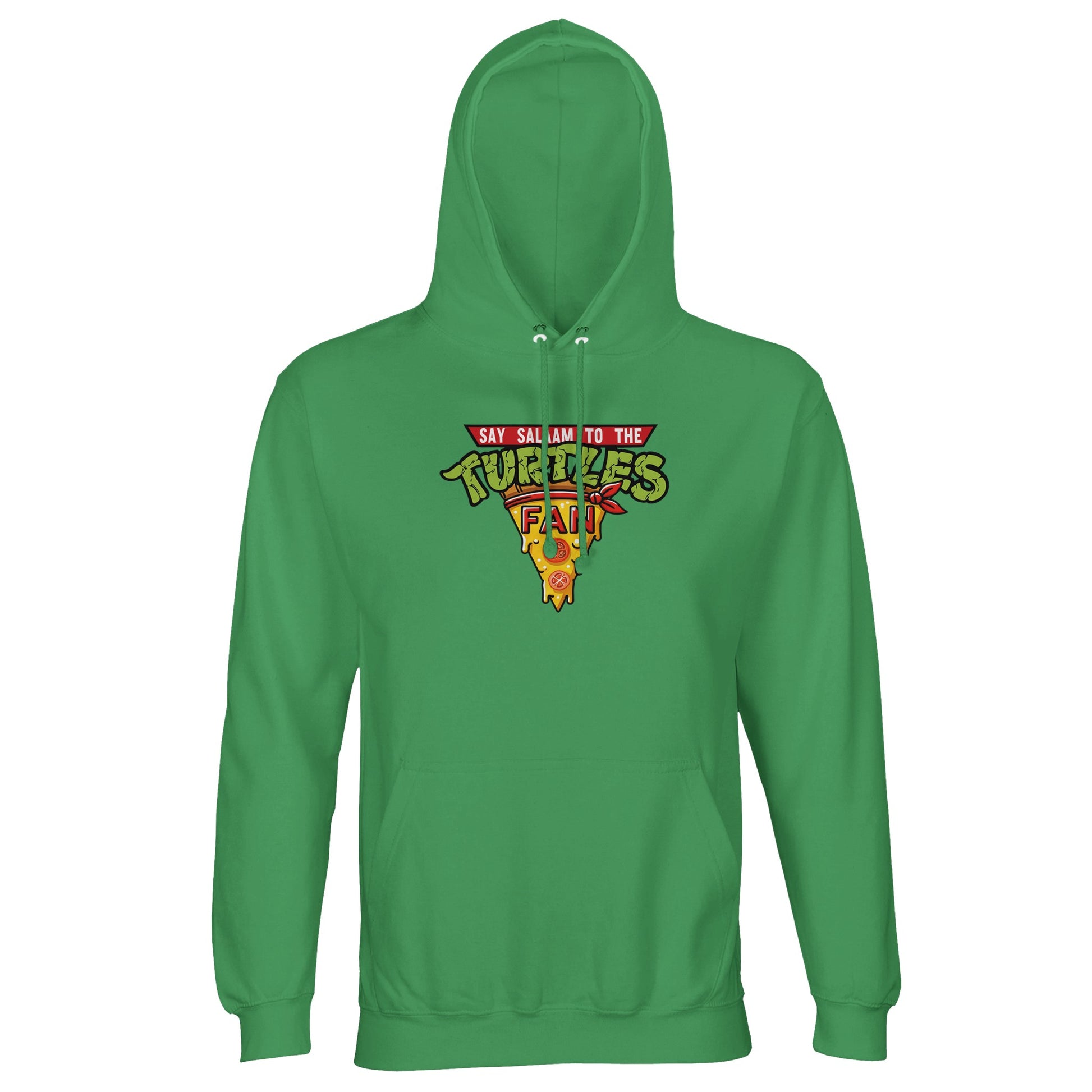 This TMNT apparel in Spring Green / Sea Green / Eucalyptus features the “best pizza” slice crest for those who know the names of the Teenage Mutant Ninja Turtles and what they do on Nickelodeon- in classic style famous logo text. Brushed fleece, GRS-certified recycled fabric, and bold colours make it standout TMNT clothing. A men’s hooded top or jumper or present for TMNT fans. Not the Primark TMNT Pizza Hut hoodie – this is graphic, modest, sustainable streetwear for Turtle heads who love the costume.