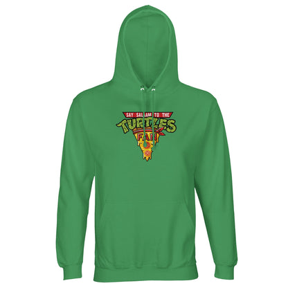 This TMNT apparel in Spring Green / Sea Green / Eucalyptus features the “best pizza” slice crest for those who know the names of the Teenage Mutant Ninja Turtles and what they do on Nickelodeon- in classic style famous logo text. Brushed fleece, GRS-certified recycled fabric, and bold colours make it standout TMNT clothing. A men’s hooded top or jumper or present for TMNT fans. Not the Primark TMNT Pizza Hut hoodie – this is graphic, modest, sustainable streetwear for Turtle heads who love the costume.