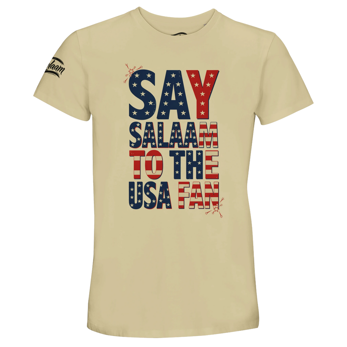 Say Salaam to the USA Fan Design #1 Recycled Unisex Cotton T-shirt – Natural / Moon Mist / Satin Linen. A Say Salaam graphic T-shirt for USA fans in Natural / Moon Mist / Satin Linen. The supporter slogan makes a casual alternative to conventional club merchandise for everyday wear, matchday viewing and gifts.