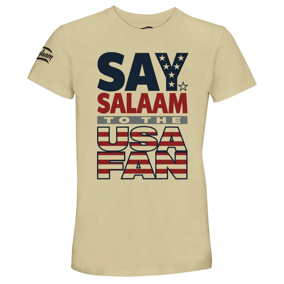 Say Salaam to the USA Fan Design #2 Recycled Unisex Cotton T-shirt – Natural / Moon Mist / Satin Linen. A Say Salaam graphic T-shirt for USA fans in Natural / Moon Mist / Satin Linen. The supporter slogan makes a casual alternative to conventional club merchandise for everyday wear, matchday viewing and gifts.