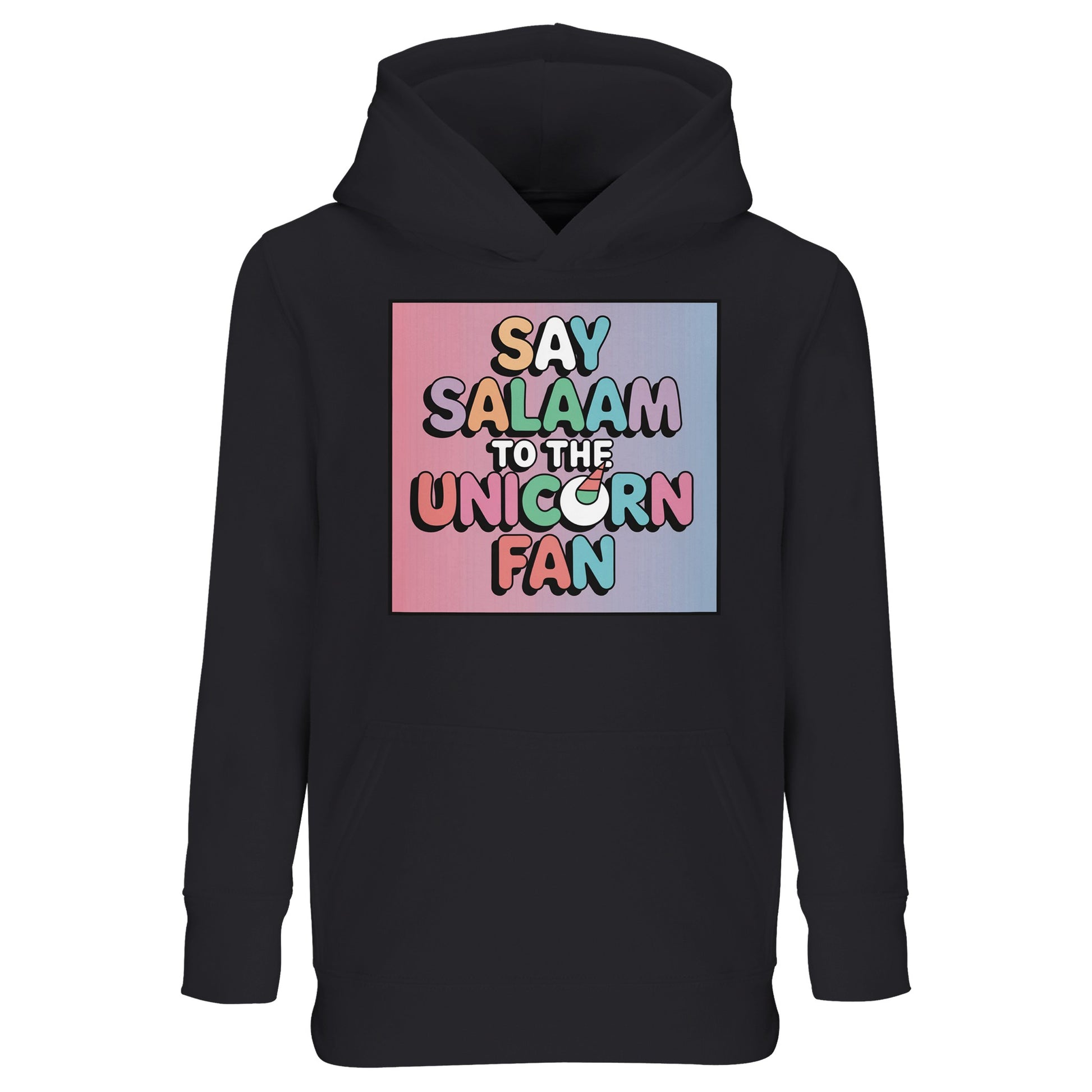 Say Salaam to the Unicorn Fan Design #1 Kids Hoodie – Black / Zeus featuring bold, bubble-style unicorn-themed lettering in pastel tones over a pink-and-blue gradient. This comfy cotton-poly hooded top suits dressing up little dreamers in unicorn clothes without the frills of a dress. Made for children who bed down with stories of magic, style up for school, or swap party dresses for something more wearable — a modest unicorn outfit for girls (or boys) who love colour, contrast, and cartoon graphics.